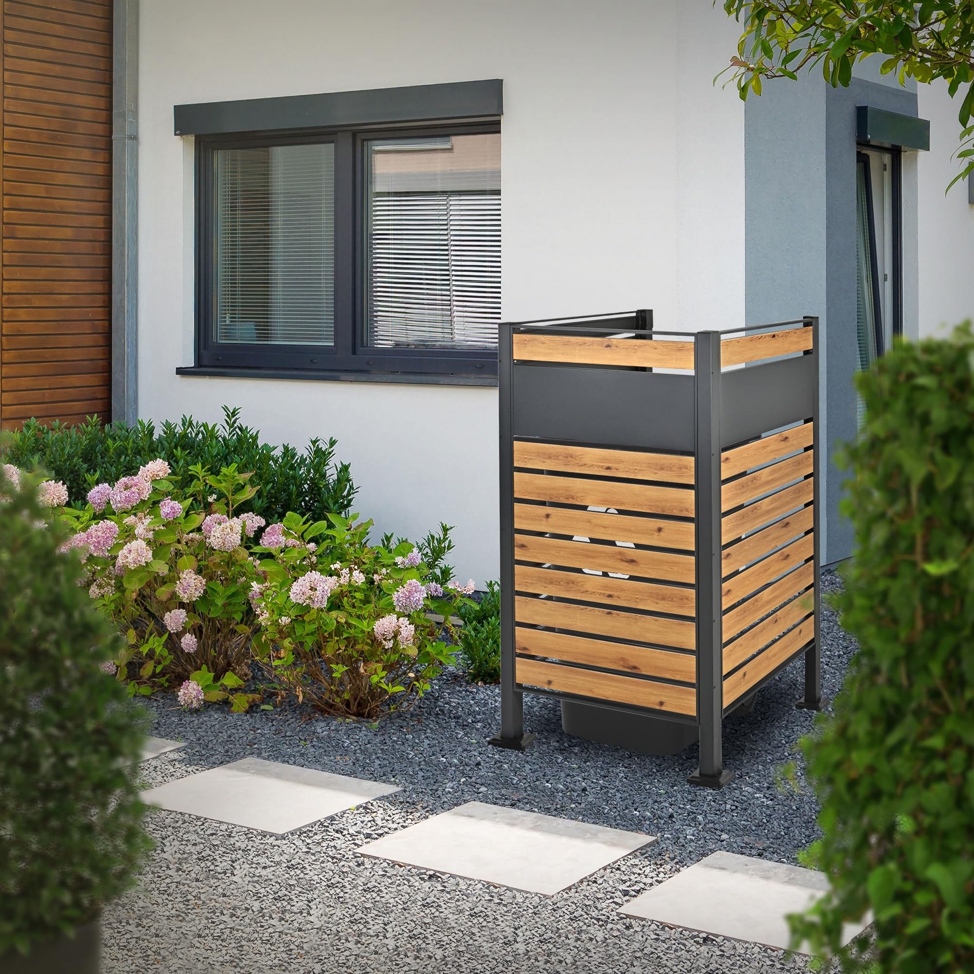 ML-Design Mülltonnenzaun für 1 Mülltonne, Anthrazit-Holzoptik, aus Stahl, 91x91x150 cm, rostfrei, massiv, erweiterbar, Mülltonnenbox Mülltonnenverkleidung Mülltonnenaufbewahrung Garten Sichtschutz