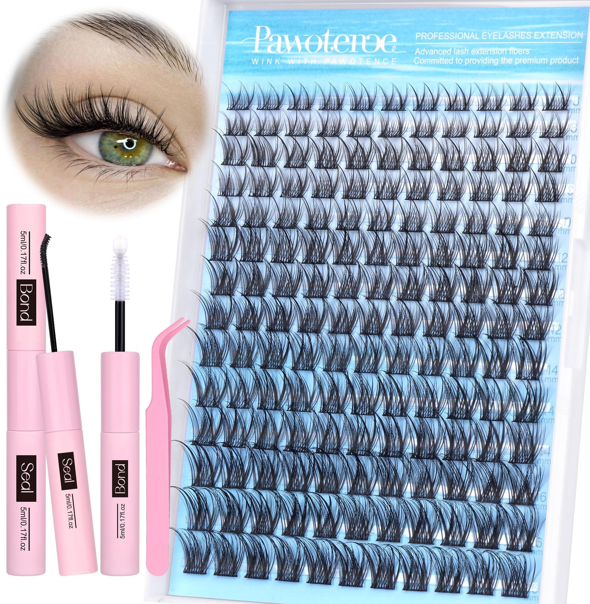 Pawotence Lash Clusters Kit Wispy Lash Extension Kit 8-16mm Natural Cluster Eyelash Extension Kit Individual Lashes 154pcs Eyelash Clusters with Lash Bond and Seal, Lash Tweezers for Self Use