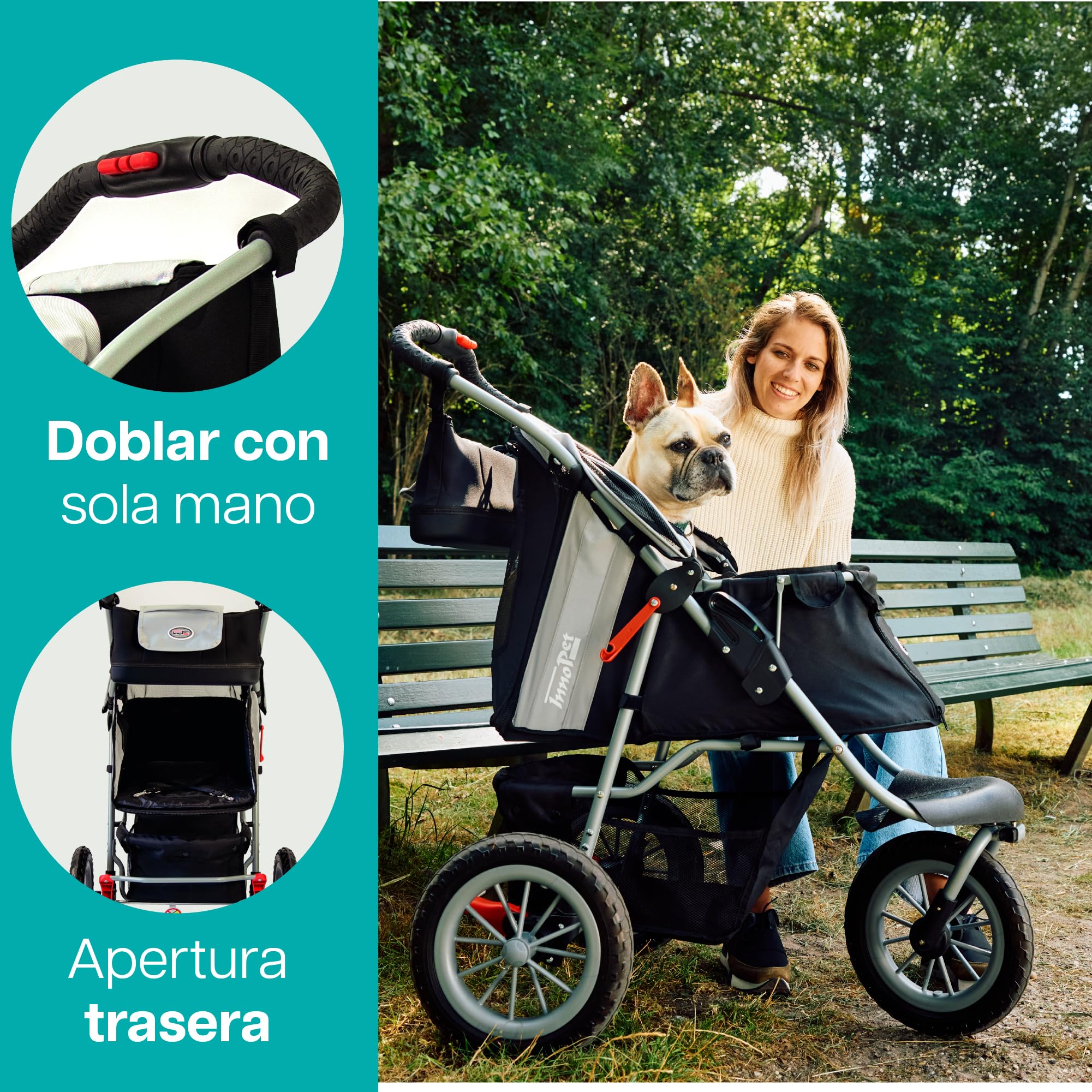 Innopet Carrito para perros Comfort EFA Eco negro/plata - Cochecito plegable para perros y gatos, ruedas EVA antipinchazos, hasta 25kg, 2 correas y cesta inferior