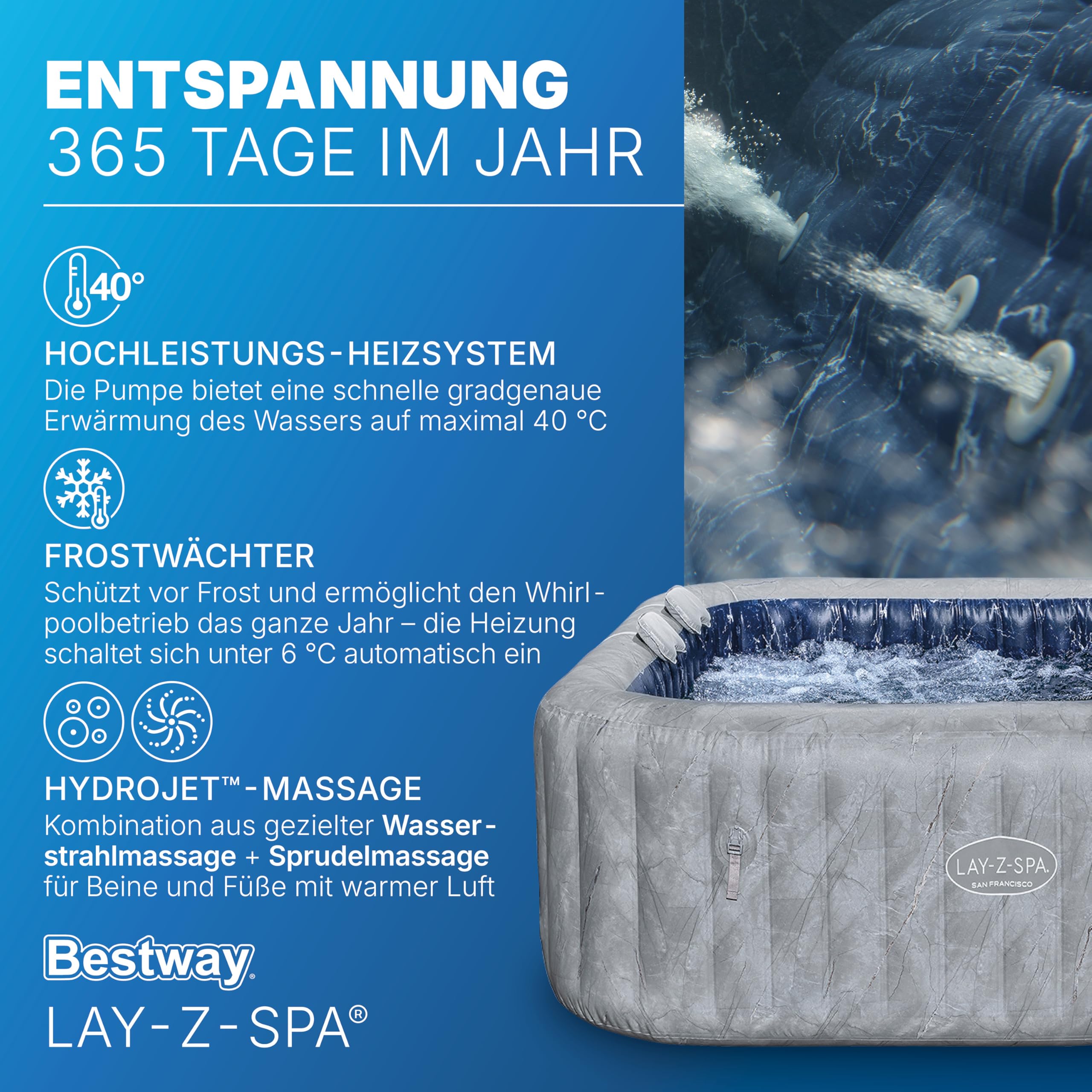 Bestway® Lay-Z-SPA® Energiespar-Whirlpool San Francisco HydroJet Pro™ mit App-Steuerung, für 7 Personen 230 x 230 x 71 cm, Marmor-Optik (Samtgrau)