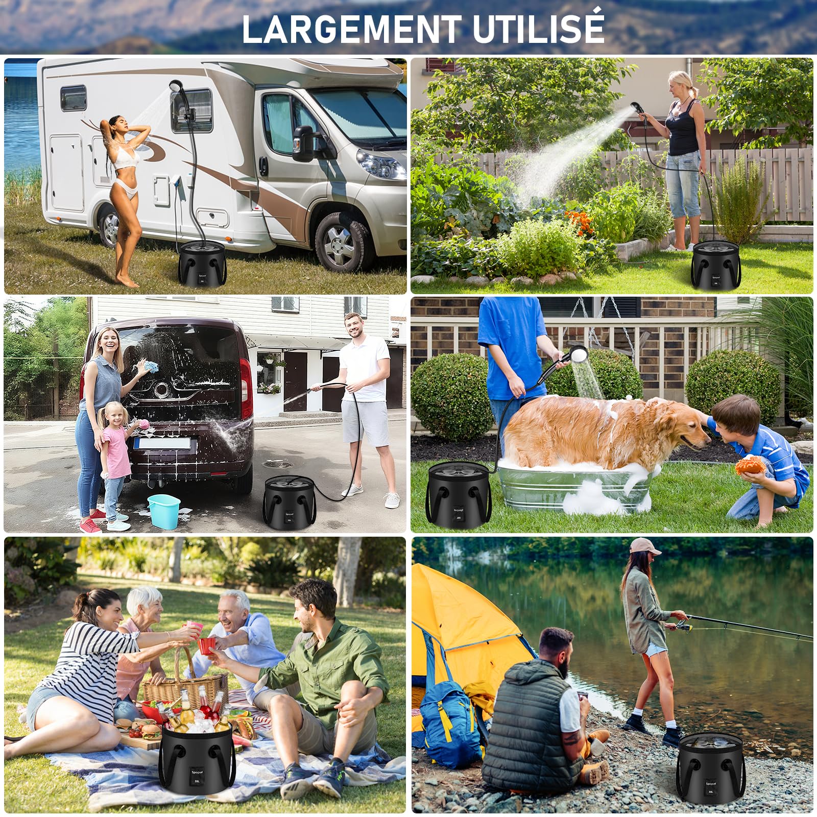 Spopal Camping Douche Portable, Kit Douche de Camping,Rechargeable,6000mAh, avec Seau Pliable 20L,Afficheur Intelligent et Pomme de Douche 4 Modes pour Extérieure,Camping