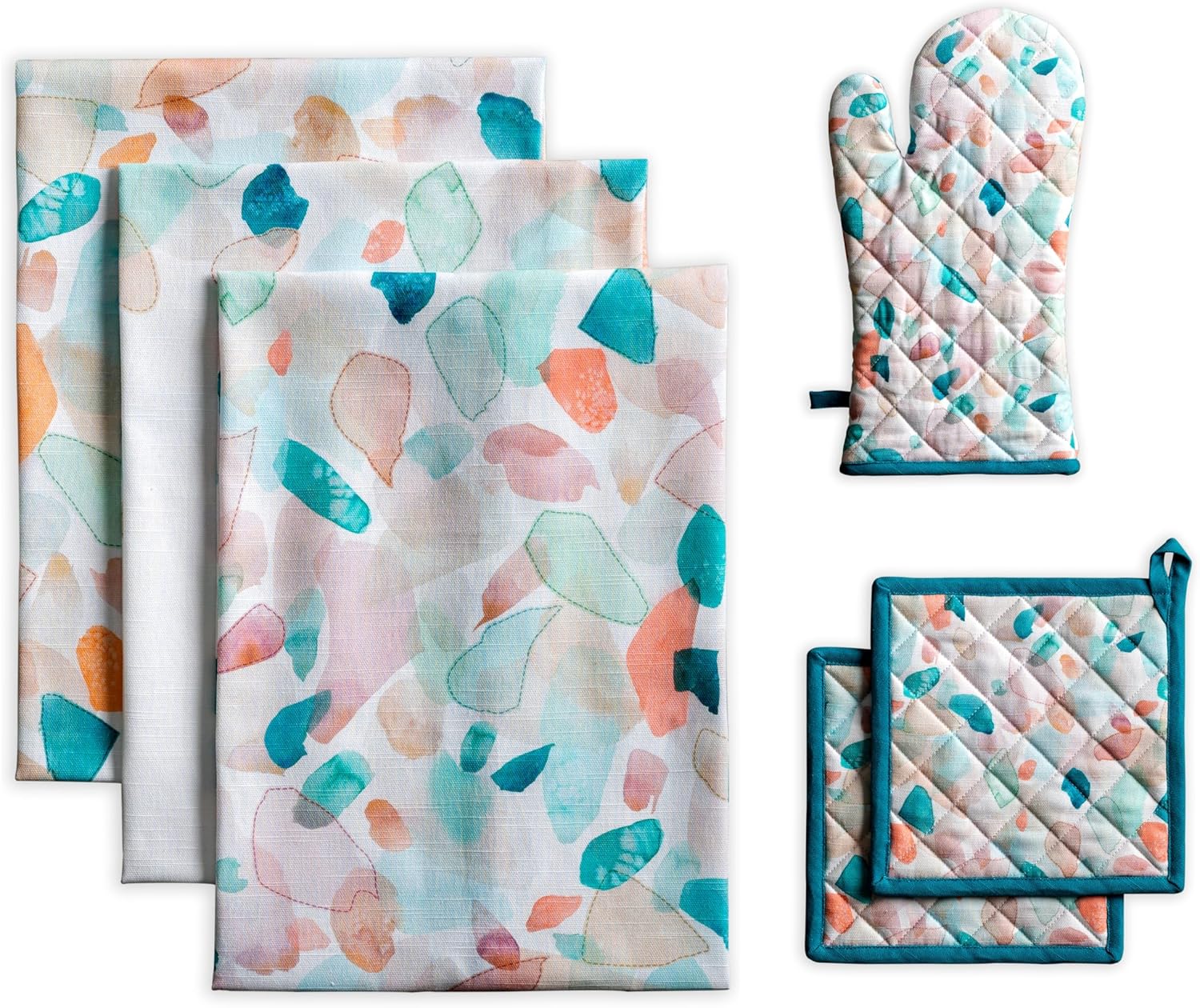 Maison d' Hermine Summer Picnic Bundle Set 100% Cotton Set of 3 Kitchen Towels (20" by 27.5") and Oven Mitt (7.5" by 13")/Set of 2 Pot Holder (8" by 8")