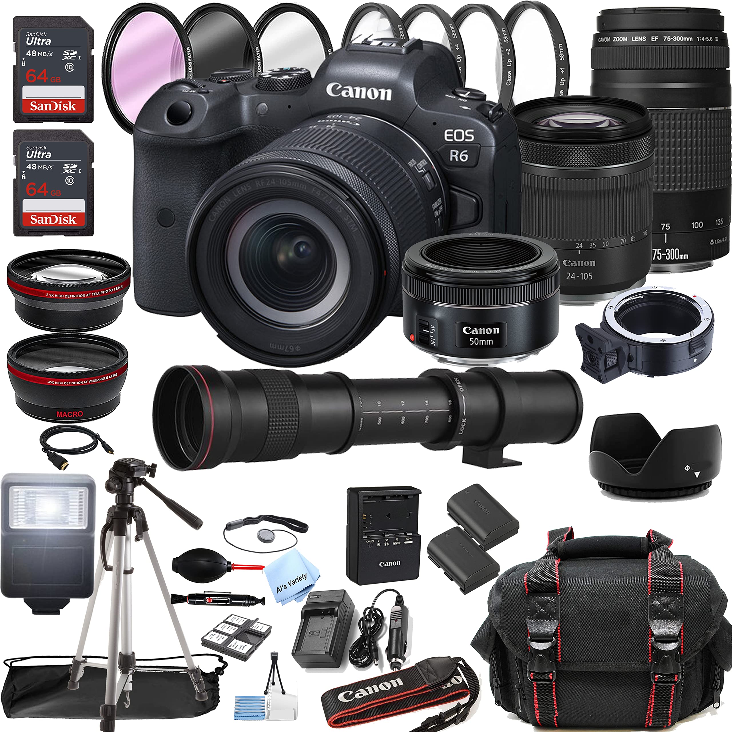 Canon EOS R6 Mirrorless Digital Camera with RF 24-105mm STM Lens + 75-300mm Lens + 50mm STM Lens +420-800mm Super Telephoto Lens + 128GB Memory + Case + Tripod + Filters (45pc Bundle)
