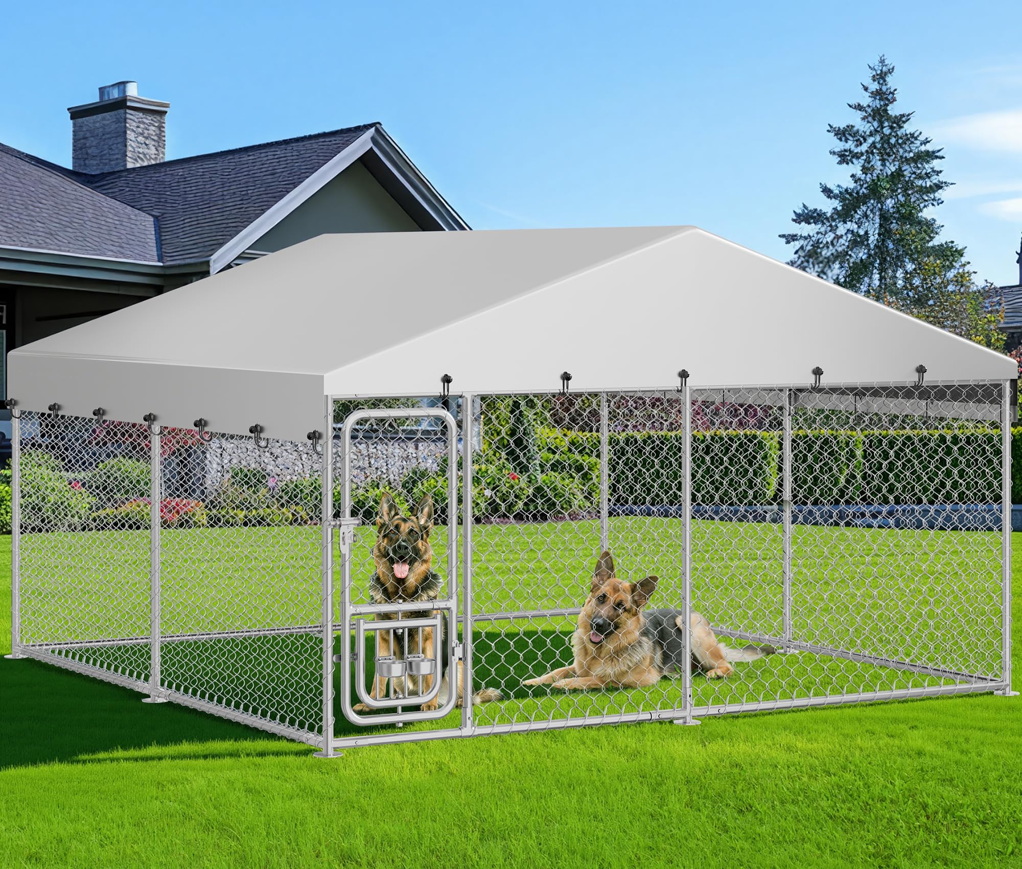Photo 1 of DWVO 10'x10' Dog Kennel Outdoor with Rotating Feeder Bowls, Outdoor Dog Pens with Roof, Heavy Duty Dog House for Medium Large Dogs