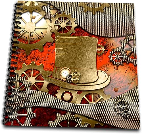 3dRose Impresionante Steampunk en diseño dorado con relojes, engranajes, libro de dibujo de sombreros, 8 x 8