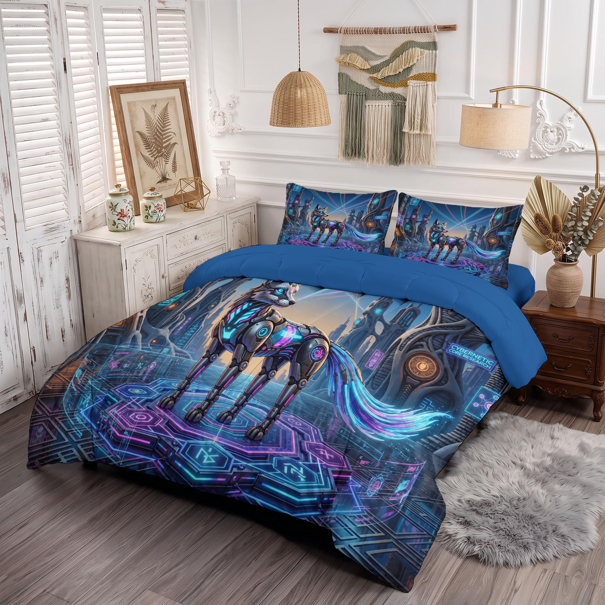 Piumone 2-In-1 Letto Singolo 140X200 Cm Animali Cibermeccanici | Trapunta E Piumino Reversibile 4 Stagioni, Architettura Futuristica Volpe, Copriletto Lavabile Morbido Leggero, Blu Navy