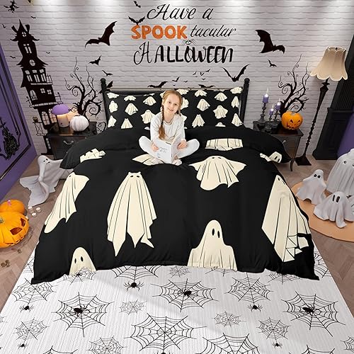 Castle Fairy Decoración de fantasma, funda de edredón negra con temática de Halloween para niños, niñas, adolescentes, niños, Halloween, fantasma,