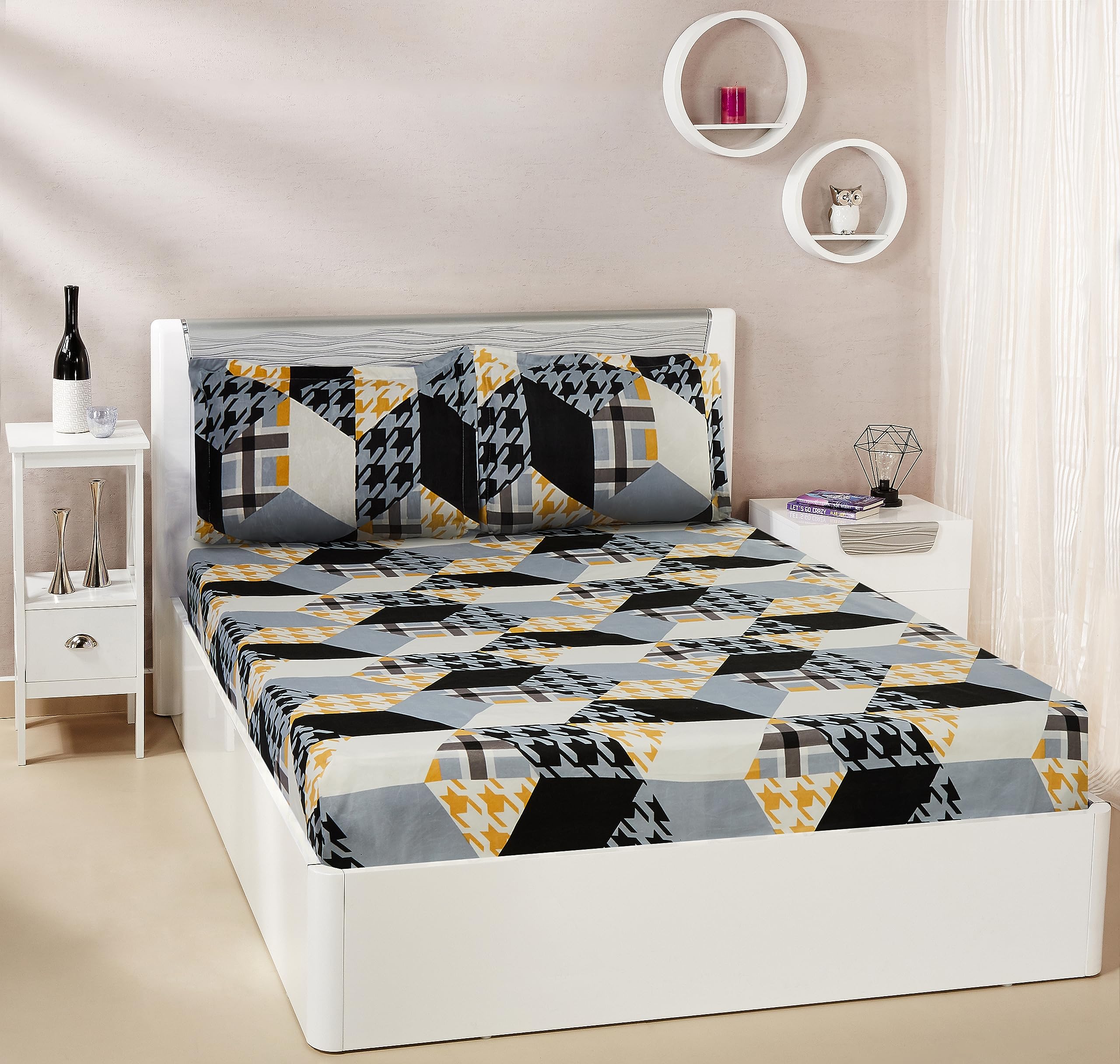 Amazon Brand - Solimo Polyester Placid Patch King Bedsheet with 2 Pillow Covers, 120 GSM, Multicolor, 144 Tc