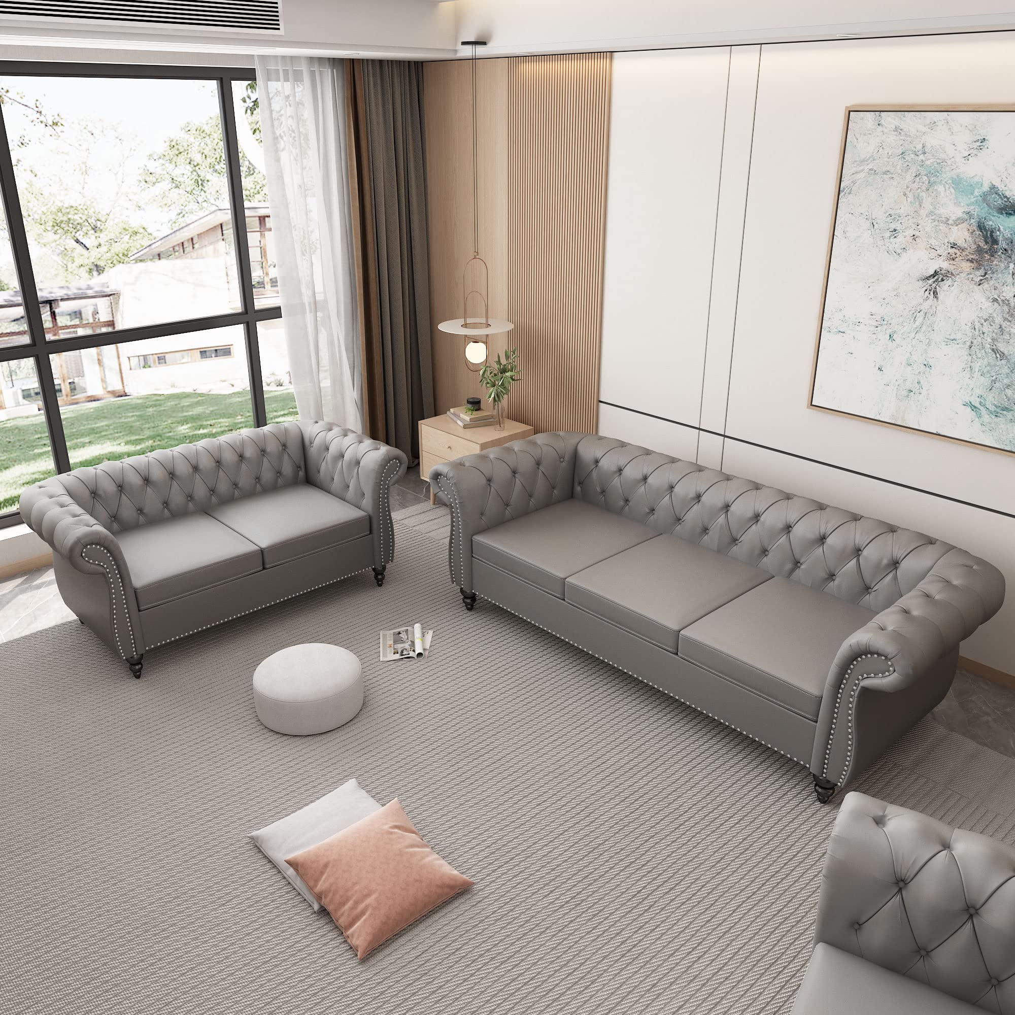 NOSGA Large Sofa PU, Sofa Furniture Sofa Set Modern Couch Furniture Sofa Classic Tufted Chesterfield Settee Sofa Tufted Back for Living Room, (PU Grey 2+3)