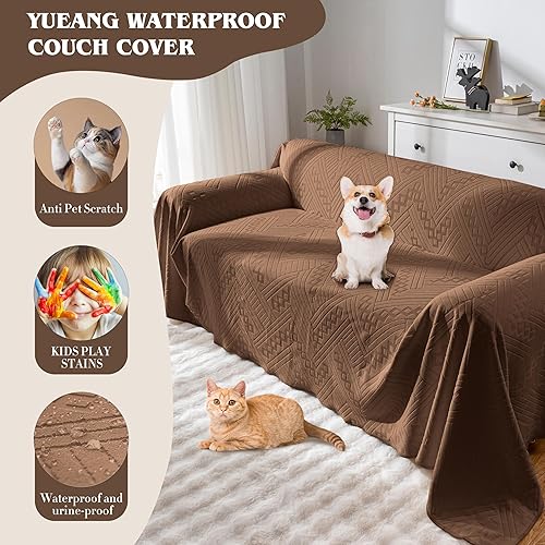 Miniatura 4 de Funda impermeable para sofá, reversible, apta para mascotas, lavable y antideslizante, con 3 cojines, para perros y gatos (71 x 118 pulgadas, marrón)