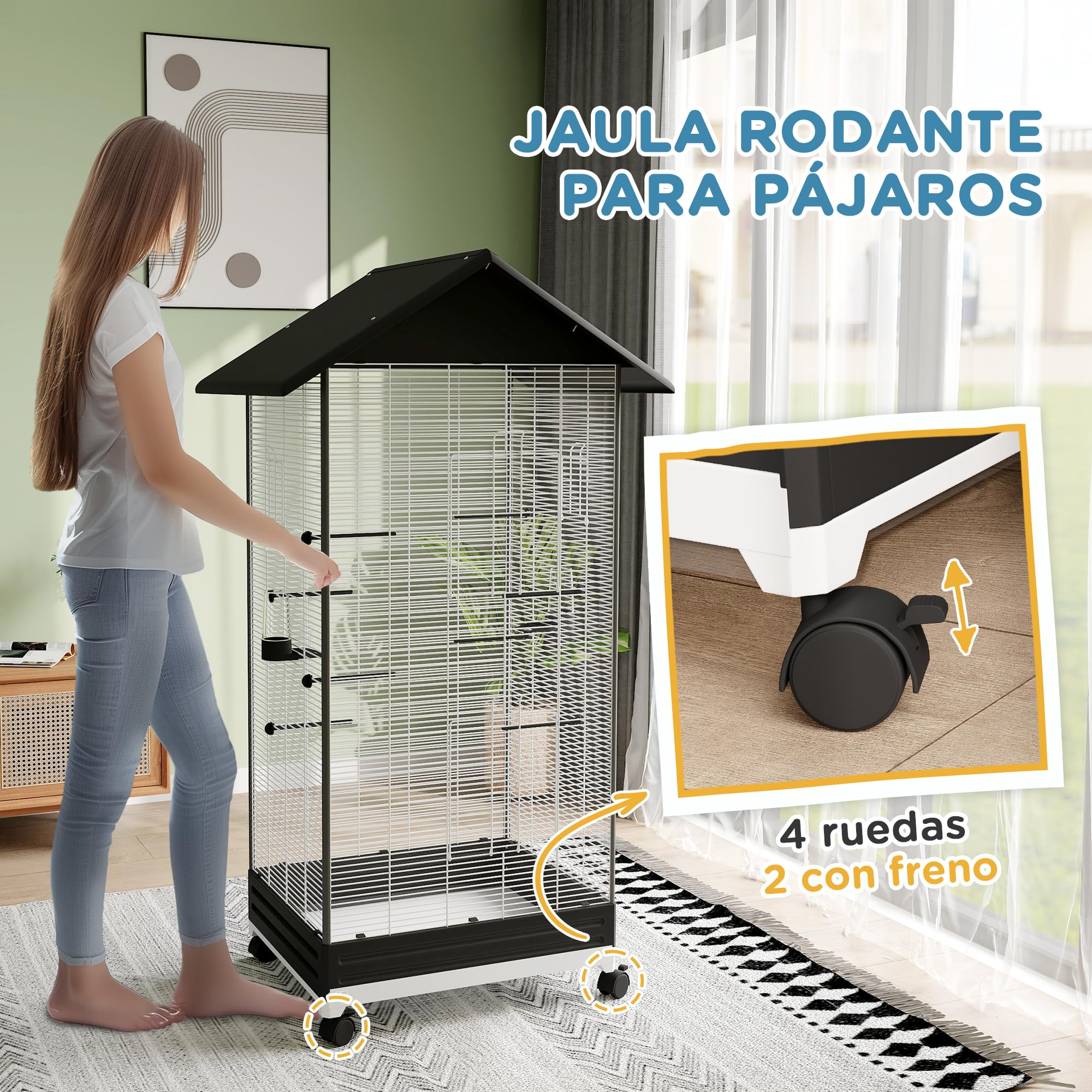 PawHut Jaula para Pájaros con Ruedas Pajarera Metálica con Bandeja Extraíble 4 Puertas 2 Comedores 8 Perchas para Canarios Periquitos 79x65x155 cm Negro