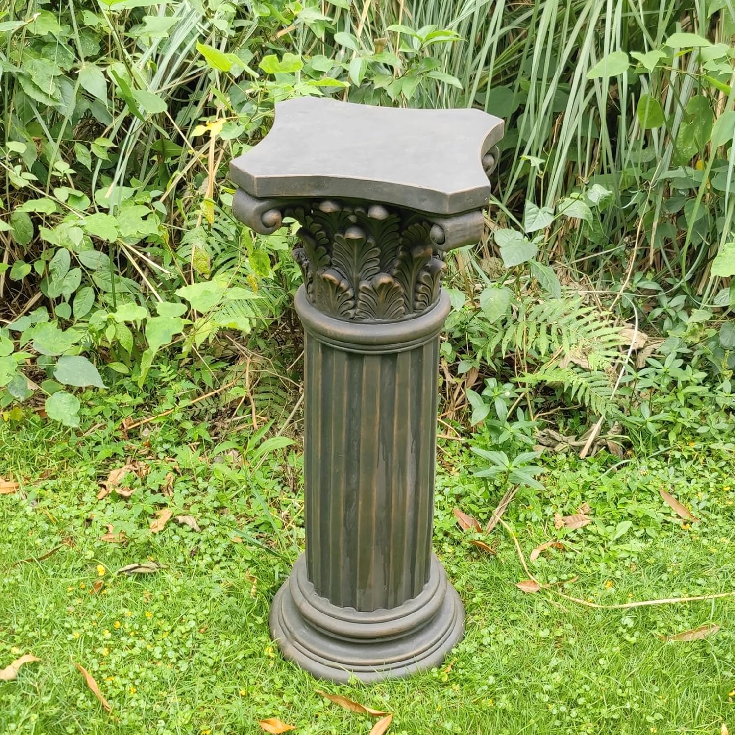 OUTOUR Unique Magnesium Oxide Corinthian Greek Column Pillar with Stand Base Pedestal for Indoor Outdoor Garden Backyard Courtyard Patio Decor33.5’’High,Antique Bronze