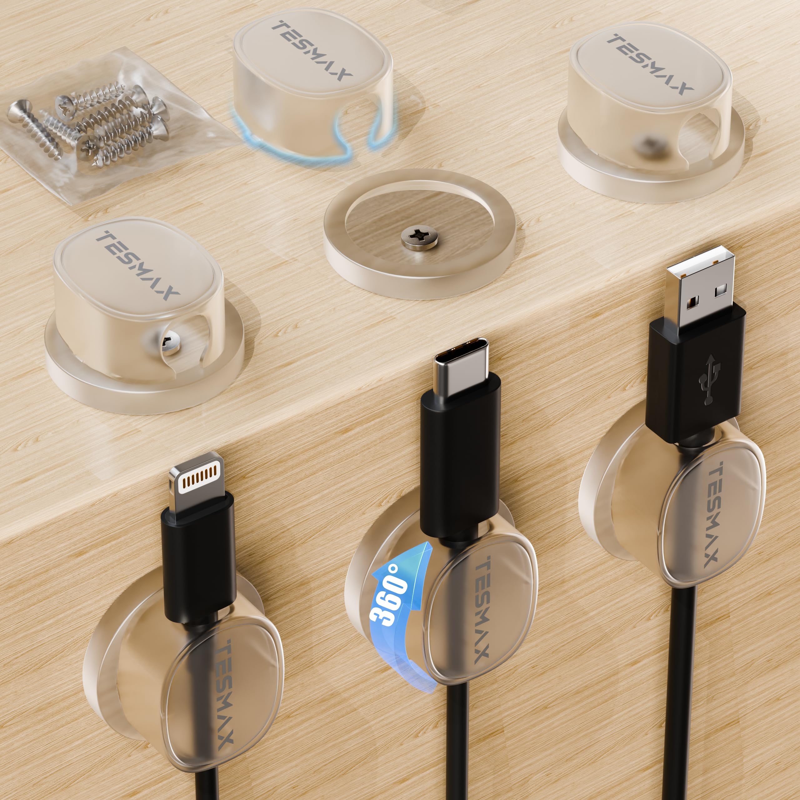 Tesmax 6 Stück Kabelhalter Selbstklebend[360° Abnehmbar],Kabelclips Selbstklebend für Kabelmanagement Kabel Organizer Kabelklemmen, Kompatibel mit Kabel bis zu 10mm Transparent
