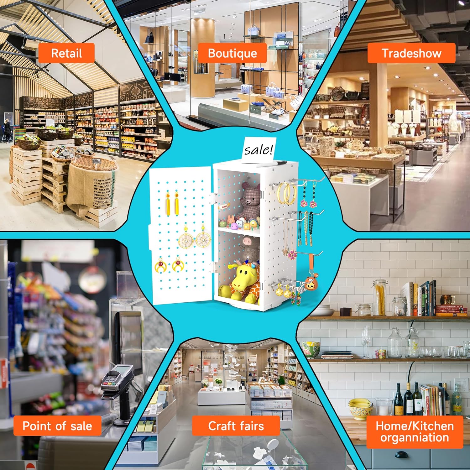 Alyoen Rotating Pegboard Display Stand With 24 Hooks - Metal Spinning Peg Board Organizer Accessories with Magnetic Door Design, Magnet Display Stand for Keychain, Jewelry, Earring (White)