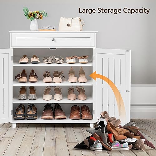 Miniatura 7 de Yaheetech Zapatero de 4 niveles con cajón y estantes ajustables, organizador de zapatos de madera con puertas con listones para entrada, pasillo,