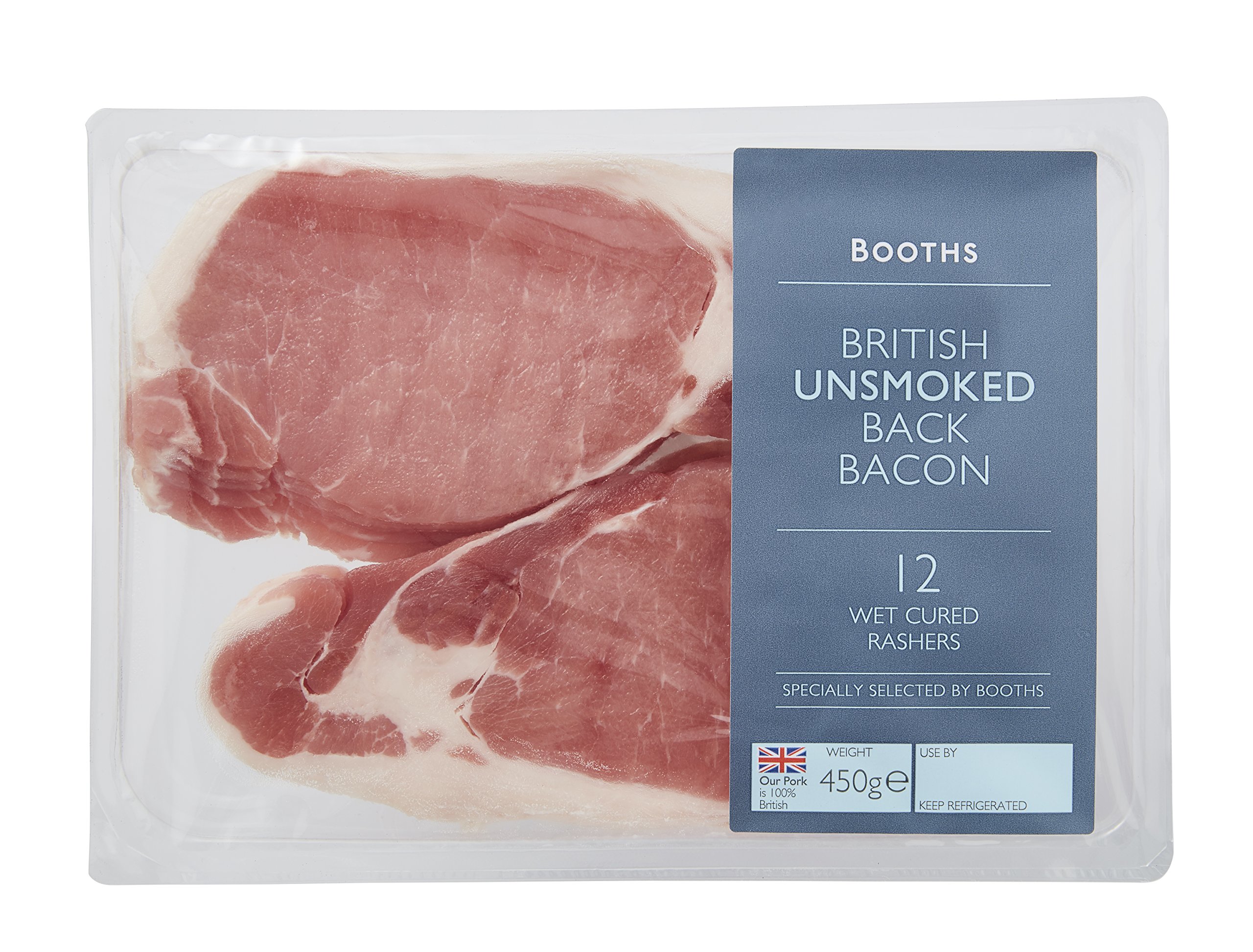 Booths British Unsmoked Back Bacon - 12 Wet Cured Rashers, 450g