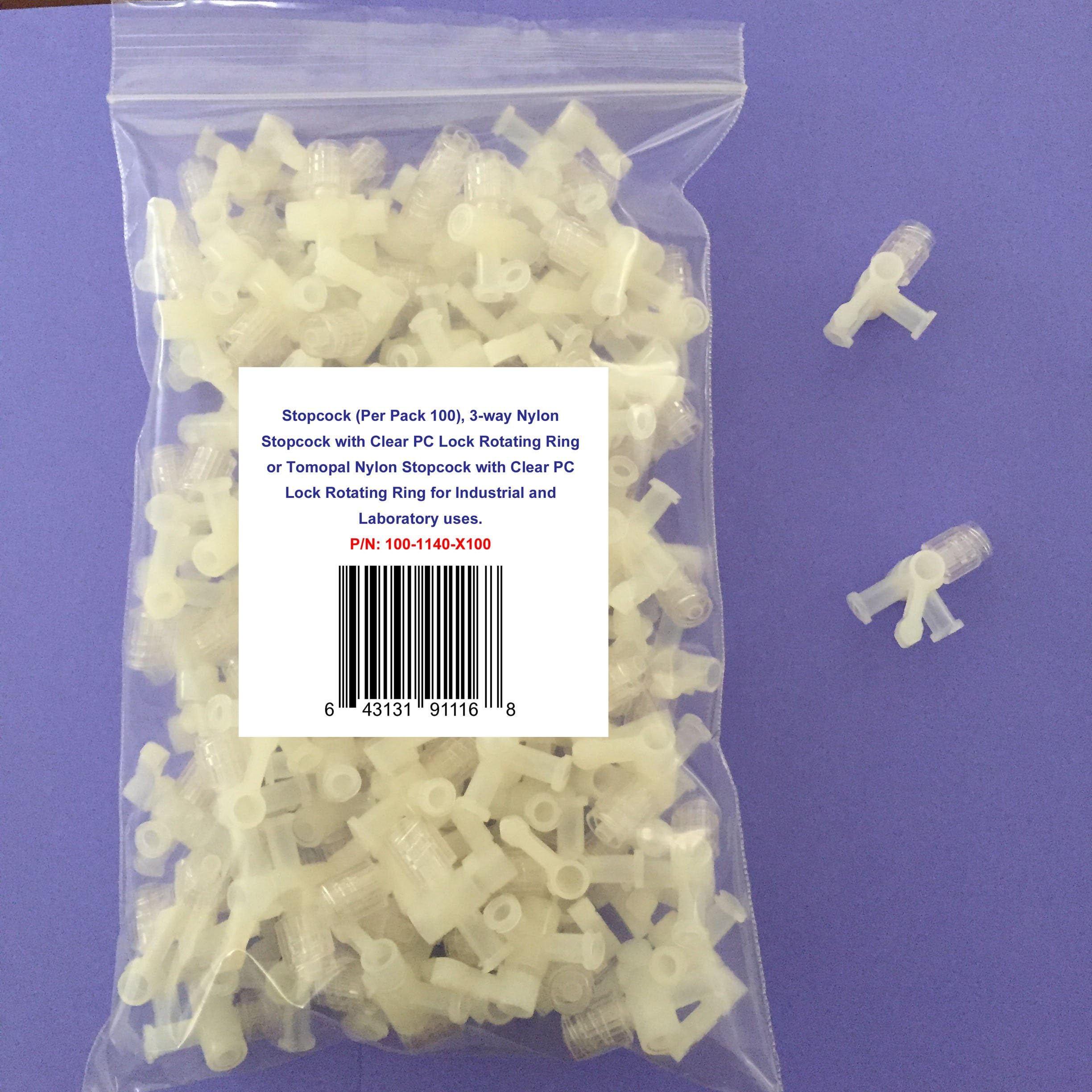 Stopcocks (Per Pack 100), 3-Way Nylon Stopcocks with Clear PC Lock Rotating Ring or Tomopal Nylon Stopcock with Clear PC Lock Rotating Ring for Industrial and Laboratory uses. P/N: 100-1140-X100