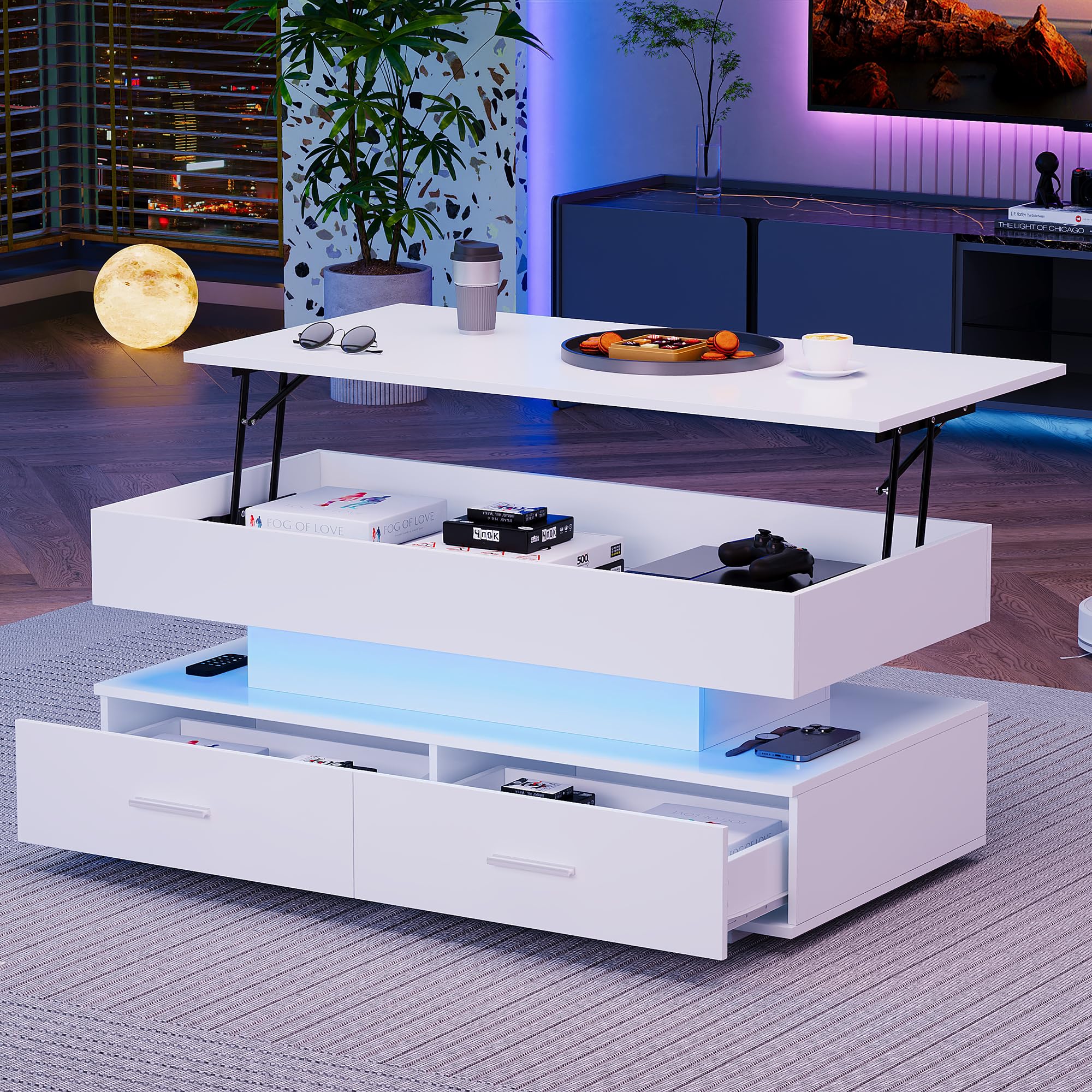 BTM Lift Top Coffee Table, White, With 2 Drawers and LED Light, End Table Tea Tables With Storage for Living Room — image 1