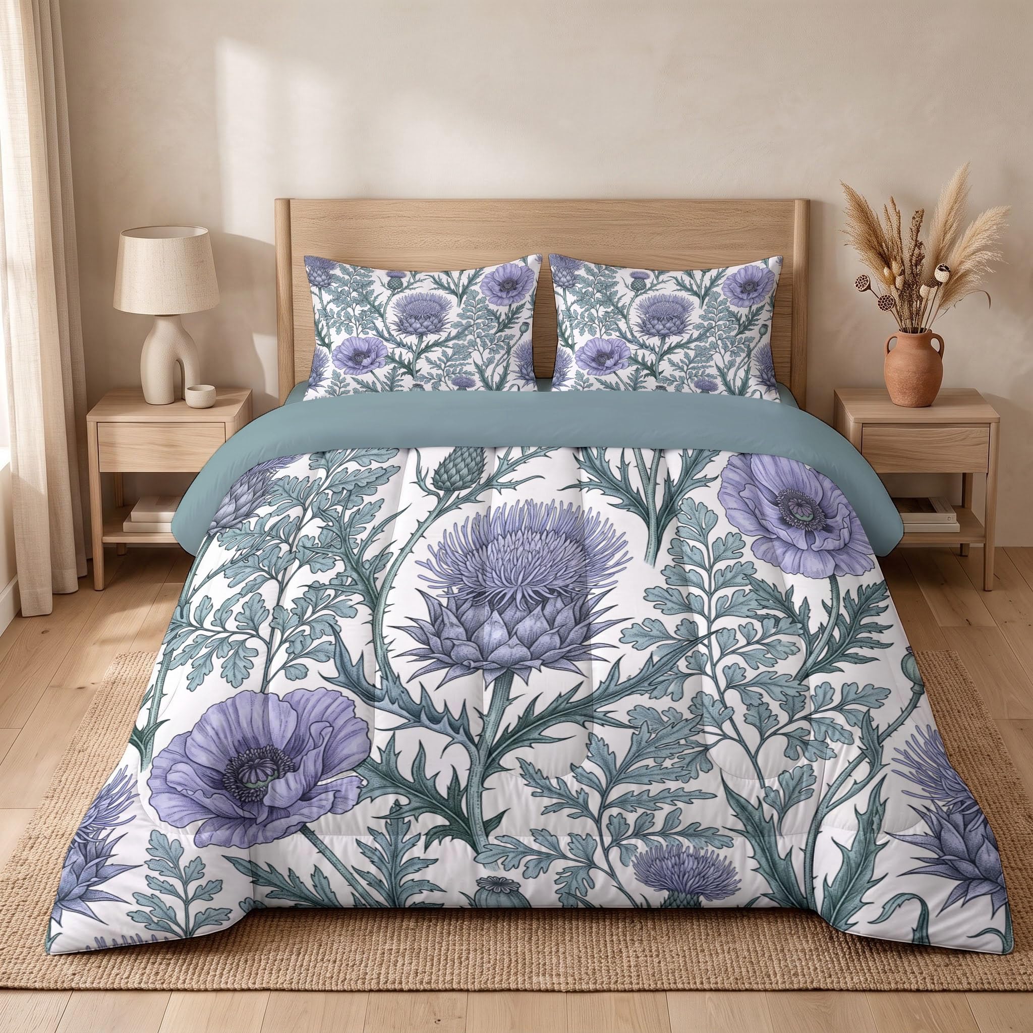 Bettdecke Ohne Bezug 140x200cm Distel Mohn 4 Jahreszeiten Steppdecke | Englische Vintage-Blumen Weich Kuschelig Bettbezug Set - Waschbar Warme Bettbezug Set Mit 2 Kissenbezug