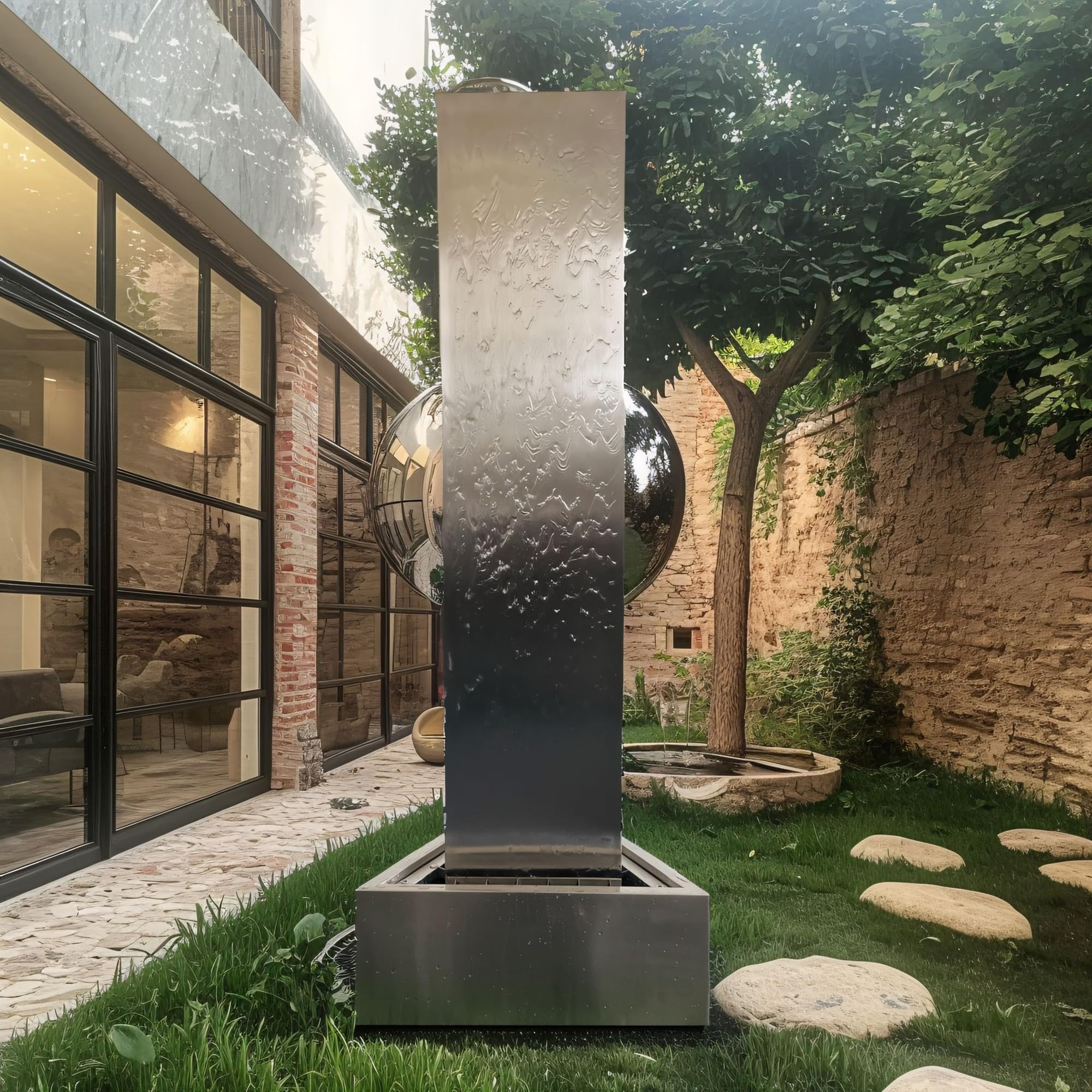 Köhko® Dreieckige Säule H200cm mit integrierte LED-Beleuchtung auf Dreieckige Edelstahl Becken Matte Gartenbrunnen aus Edelstahl