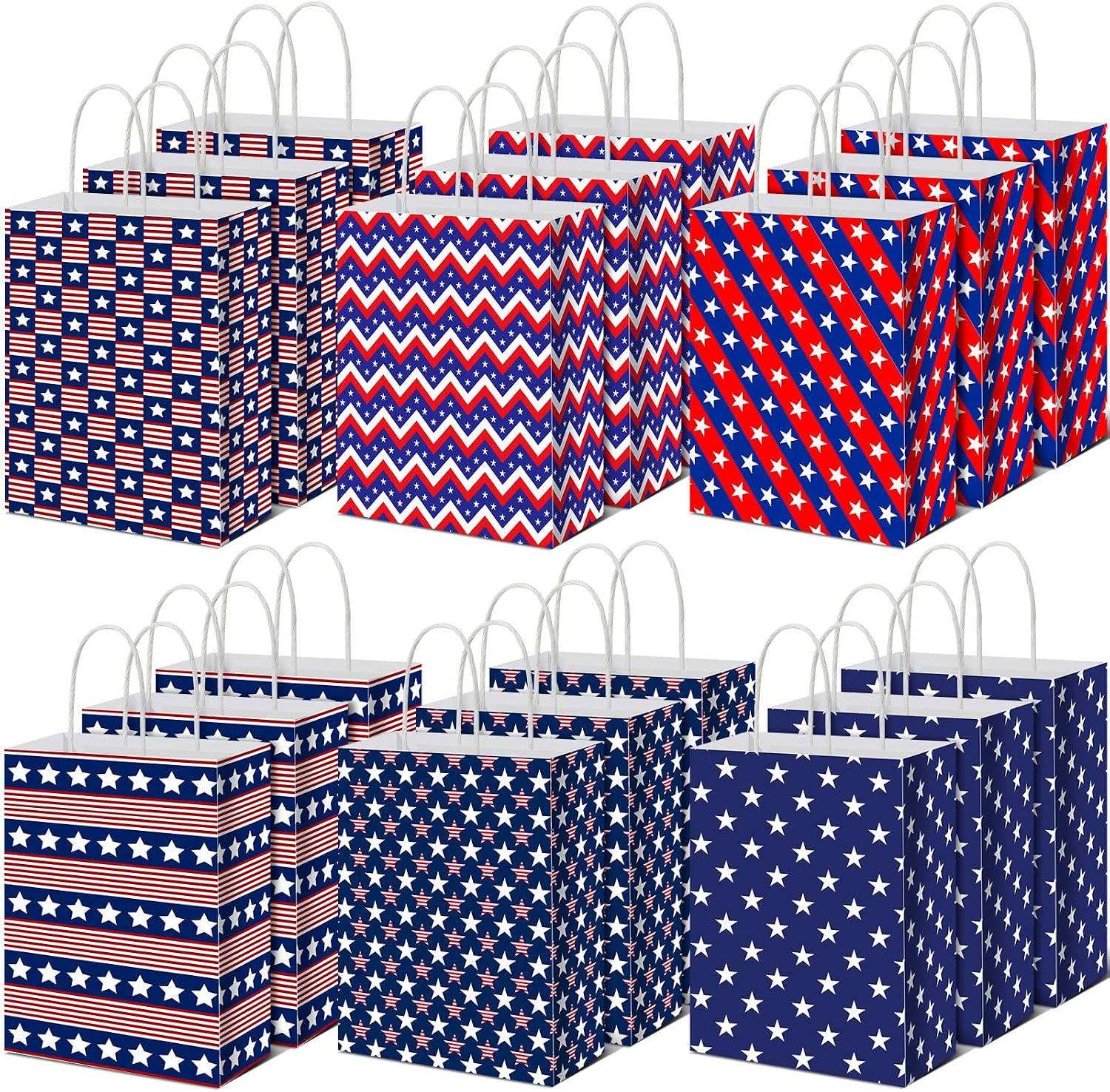 Kosiz Patriotic Paper Gift Bags, 120 Pcs Independence Day Themed Goodie Bags with Handle, 4th of July Party Favor Supplies, Star & Stripe Pattern, 8.27 x 5.91 x 3.15 inches, Red, Blue, White