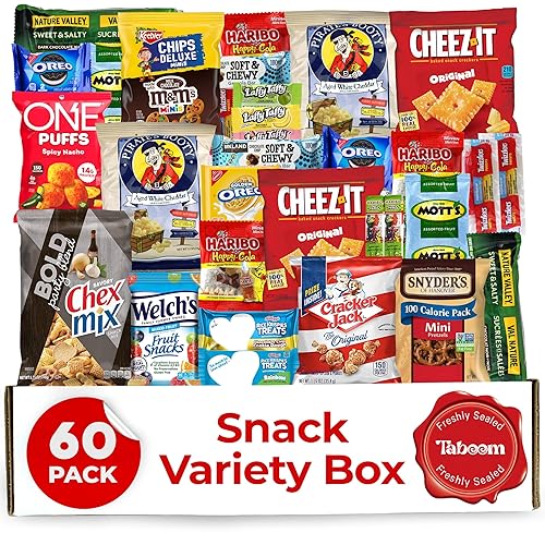 Variety Snack Box for Adults - 60 Count Care Package for Kids, College Students, and Office - Assorted Chips and Treats in a Beautiful Gift Box - 60 Count