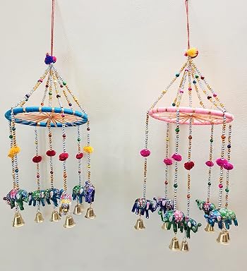 SPHINX Rajasthani Handcrafted Multicolour Wall Hanging Elephant with Bell (Height approx. 53 cms/20.8 inches) - 2 piece