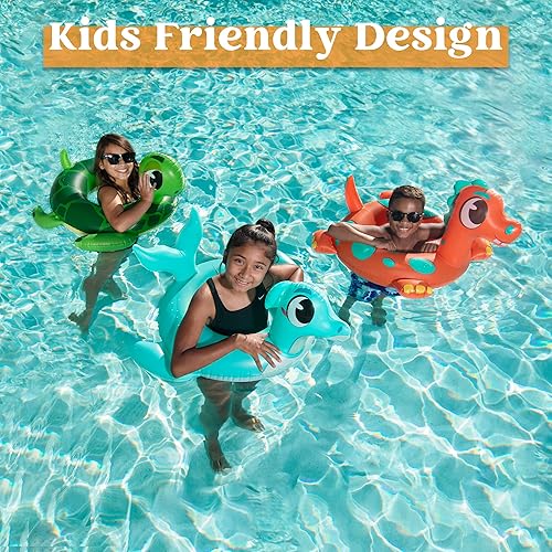 Miniatura 7 de SLOOSH Paquete de 3 flotadores inflables para piscina, dinosaurio, tortuga marina y delfín, anillos de natación para niños pequeños, piscina playa