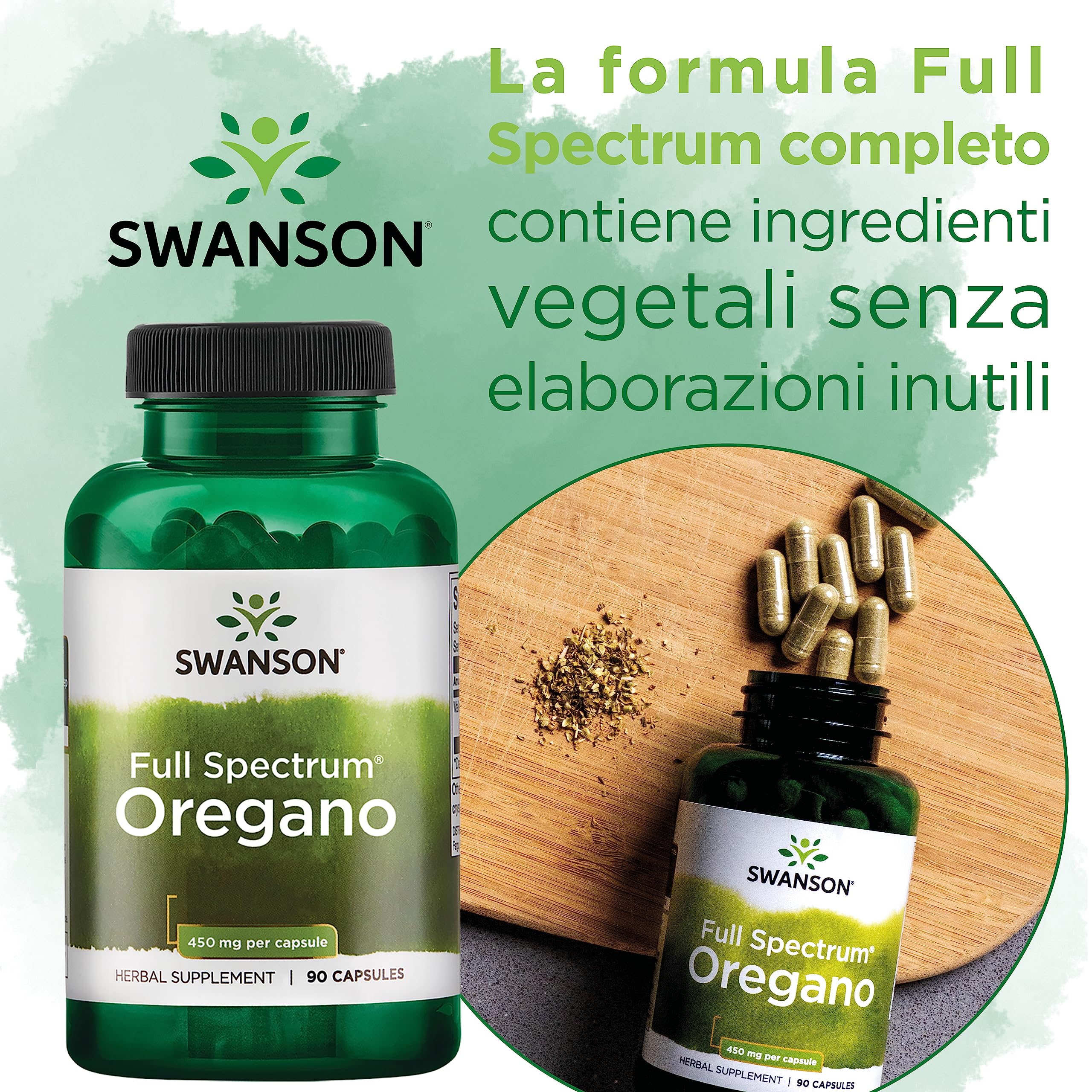 Swanson Full Spectrum Oregano (Origano), Origanum vulgare, 450mg, 90 capsule, altamente dosato, Testato in Laboratorio, Senza Soia, Senza Glutine, Non OGM