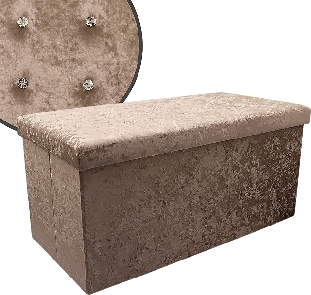 Large 2 Seater Velvet Ottoman Storage, 76 x 38 x 38cm Velvet Folding Storage Ottoman Footstool Box Toy Chest with Lid, Foldable Foot Stool Seat for Living Room, Bedroom (Champagne, Double)