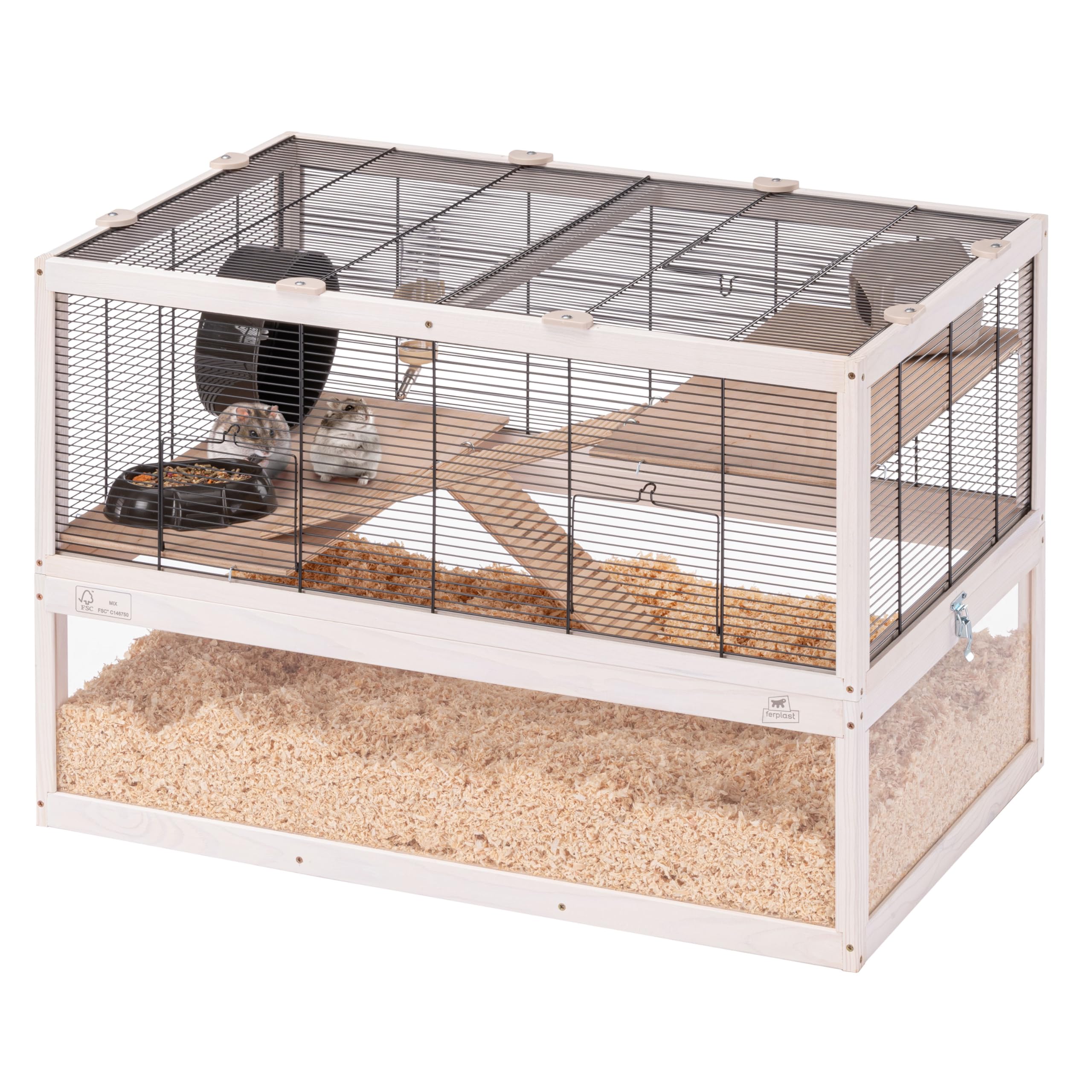 Ferplast Gabbia per criceti DOMSTER, Gabbia per topi a 3 livelli, con accessori, piattaforme e scale, metallo verniciato e legno FSC, base trasparente, gabbia per criceti in legno 80 x 50 x h 56 cm