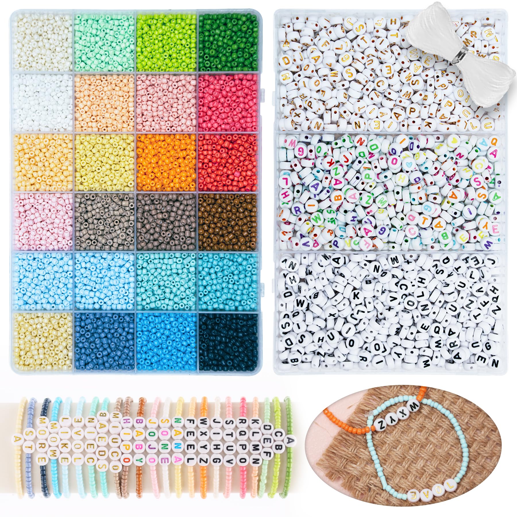 MiuCo3 mm Beads for Bracelets DIY Set, Colourful Glass Beads for Threading and Letter Beads with Elastic Band for Friendship Bracelets Jewellery Making Necklaces for Gifts Christmas