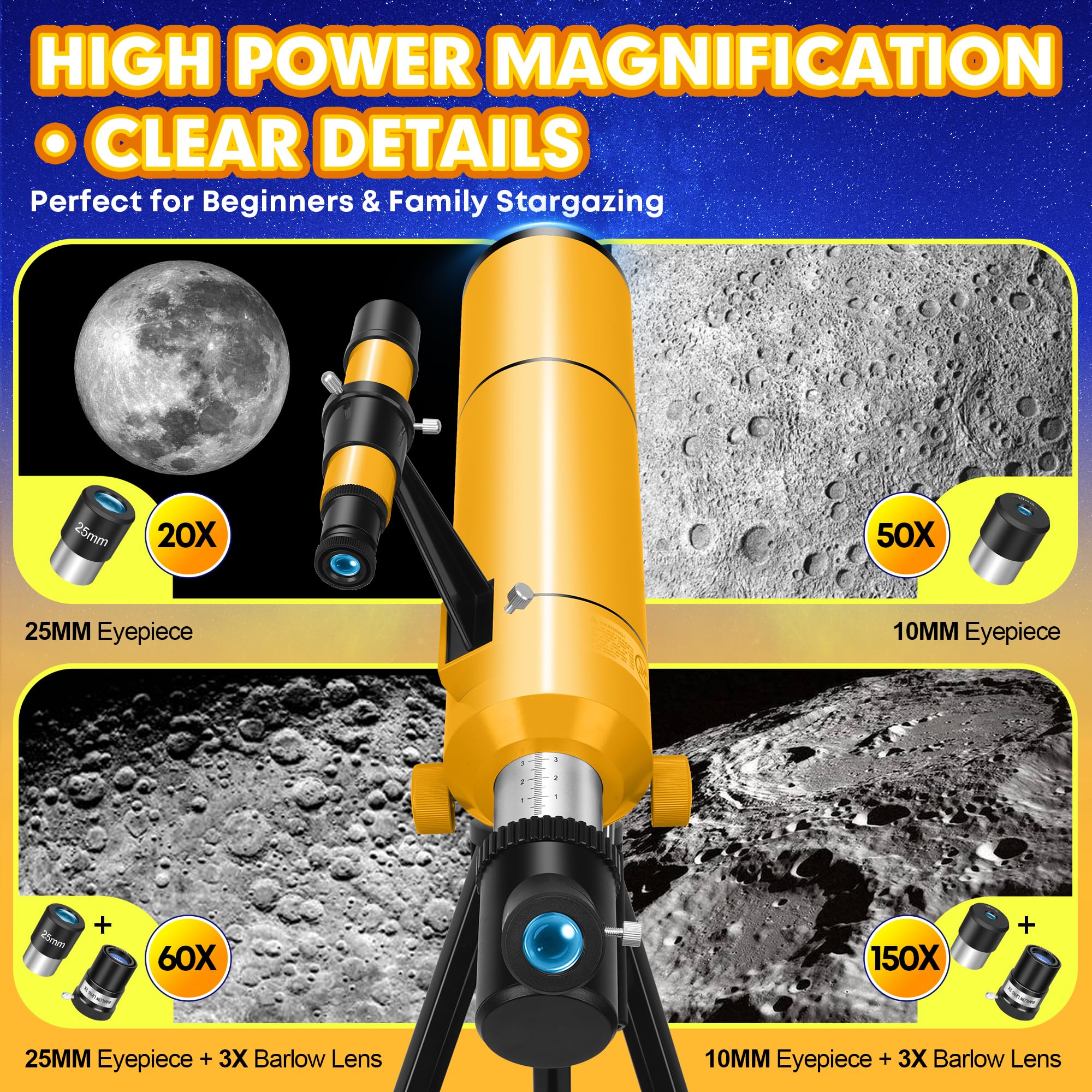 Télescope Astronomique Professionnel pour Adultes & Enfants Débutants, 80/500mm Télescope Réfracteur Portable avec Trépied Réglable, Adaptateur Téléphone, Sac à Dos & Autocollants Spatiaux
