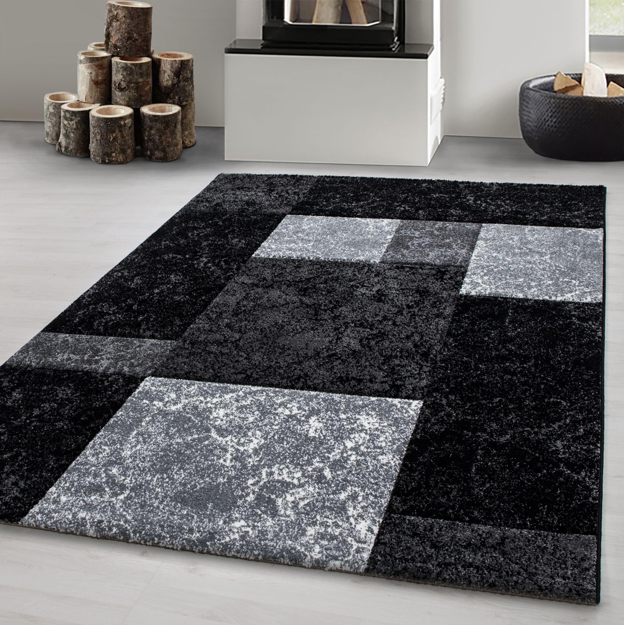 Carpetsale24 Alfombra Salon de Pelo Corto 200x300 (200 x 290 cm) Negro-1 - Alfombras de Habitacion diseño a Cuadros Sala de Extrasuave - Moderna Alfombra Dormitorio, Alfombra Cocina, Tapete Sala