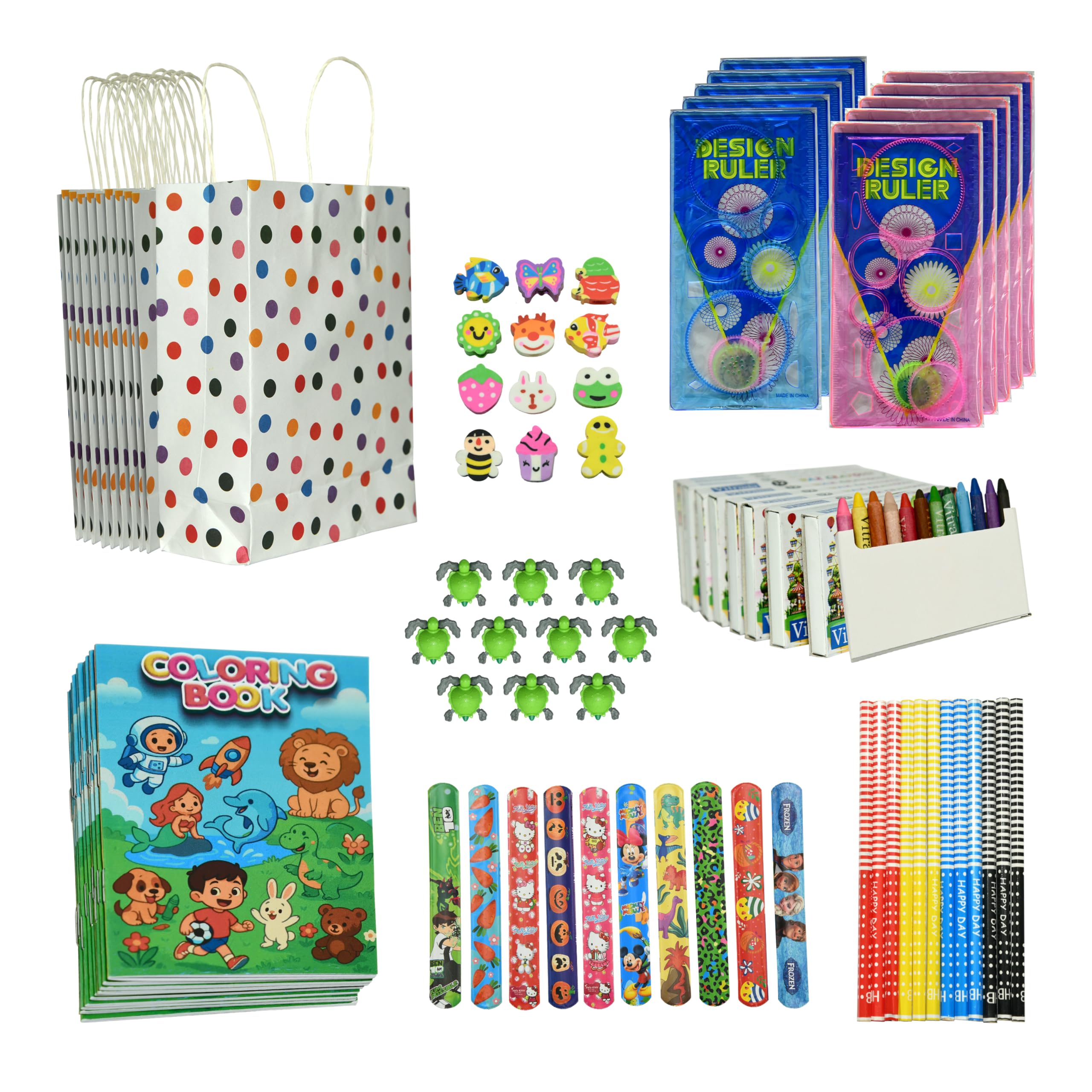TOYZOLDER Return Gift Combo for Kids – Pack of 10 (80 Pieces) | Birthday Party Favors, School Event Gifts | Coloring Book, Crayons, Spirograph, DIY Toy & Slap Band (Boys & Girls 4–10 Years)