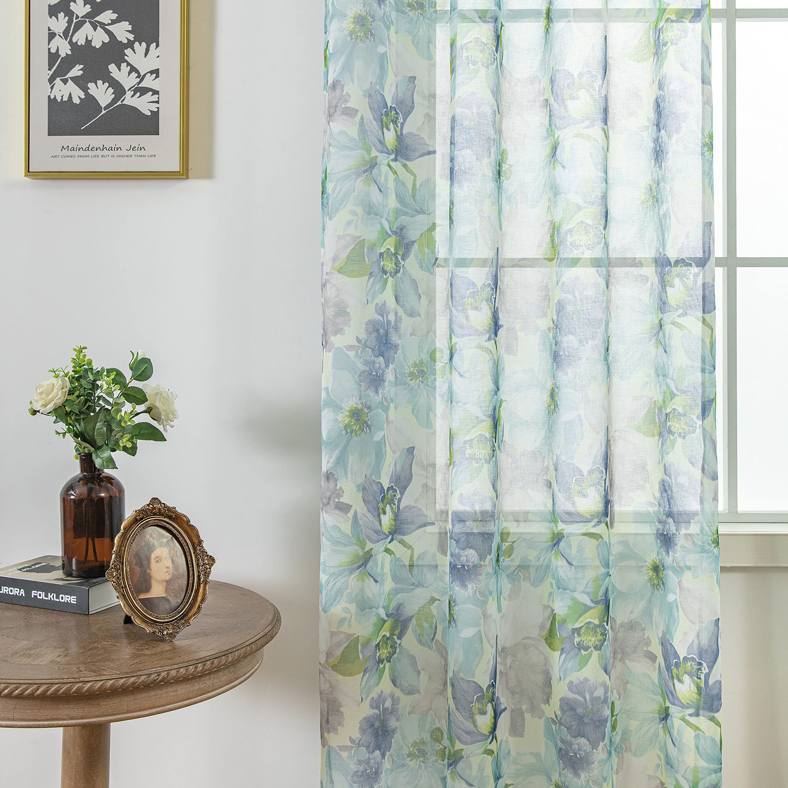 Durchsichtige Vorhänge mit Blumenmuster, 213 cm lang, Blaue Blumendruck, französisches Landhaus, halbtransparenter Vorhang für Kinderzimmer, Schlafzimmer, Wohnzimmer, Leinenoptik