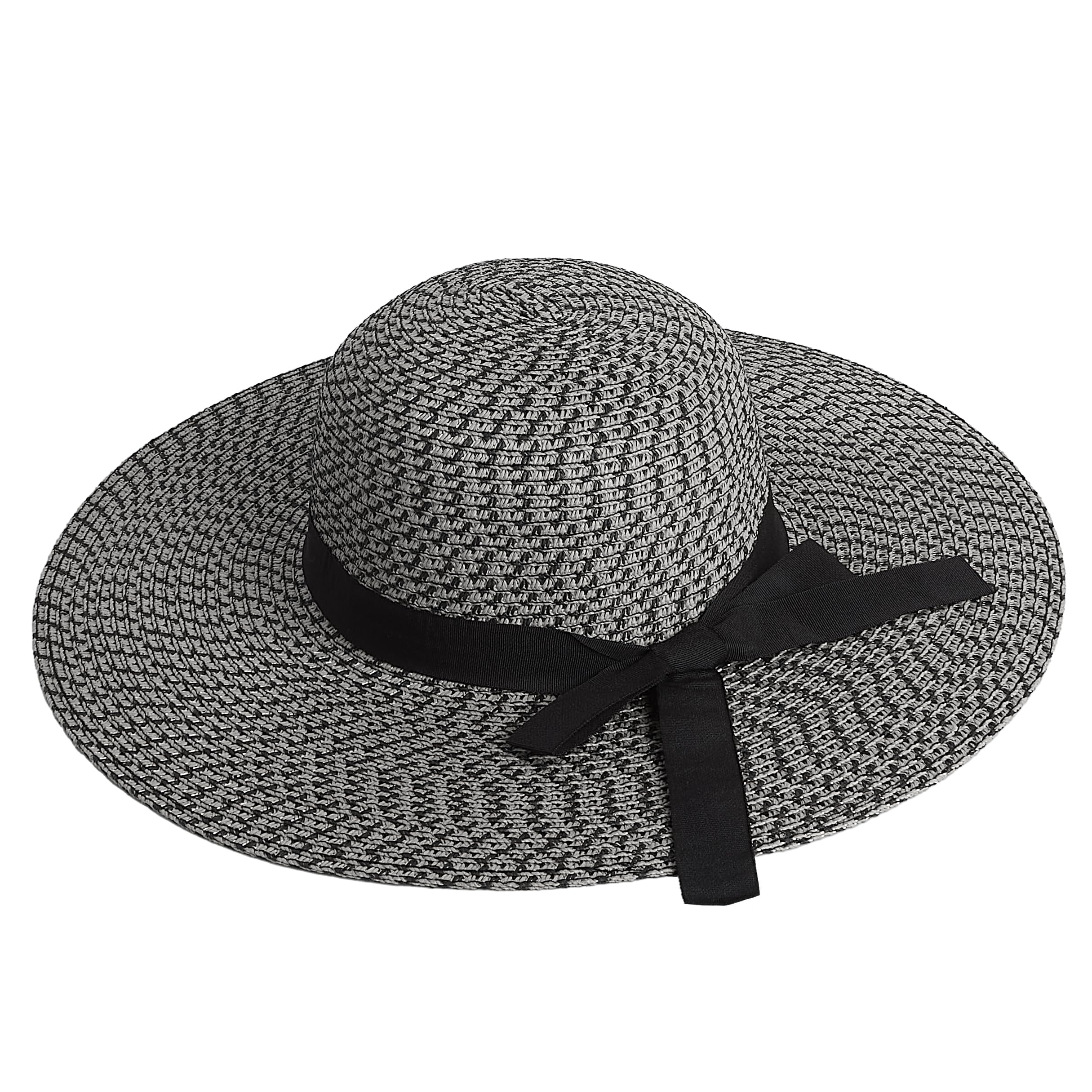 Woodland Leather Sombrero de sol para mujer, ajustable, plegable, de ala ancha, para mujer, protección UV UPF 50+, elegante sombrero de playa de paja, perfecto para el verano, negro, blanco, M/L