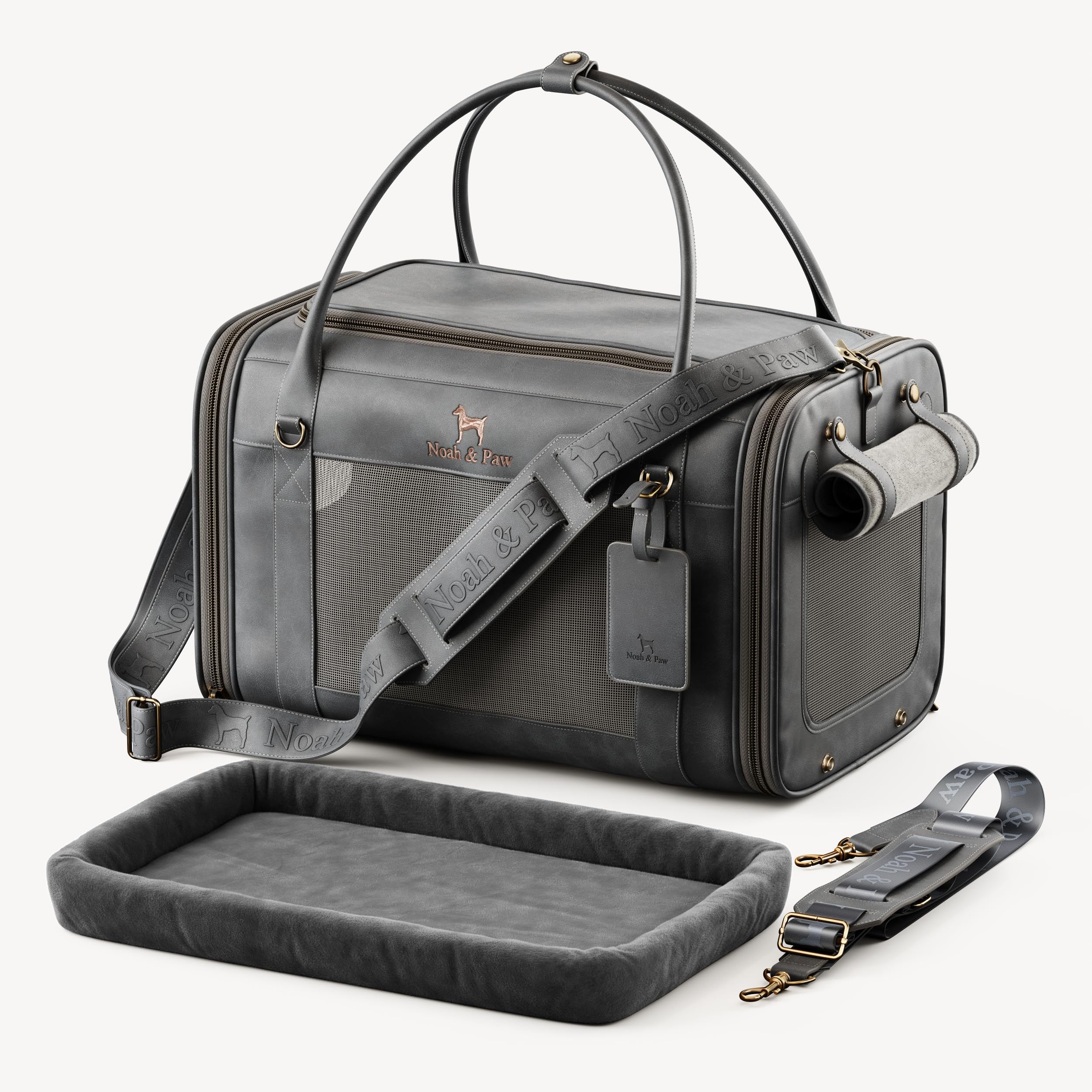 Noah & Paw Transportín Blando para Gatos y Perros Pequeños, Aprobado TSA Aerolíneas 46x28x28cm, Jaula de Viaje para Mascotas, Kennel Pequeño, Colchoneta Incluida, Cuero Sintético Carbón