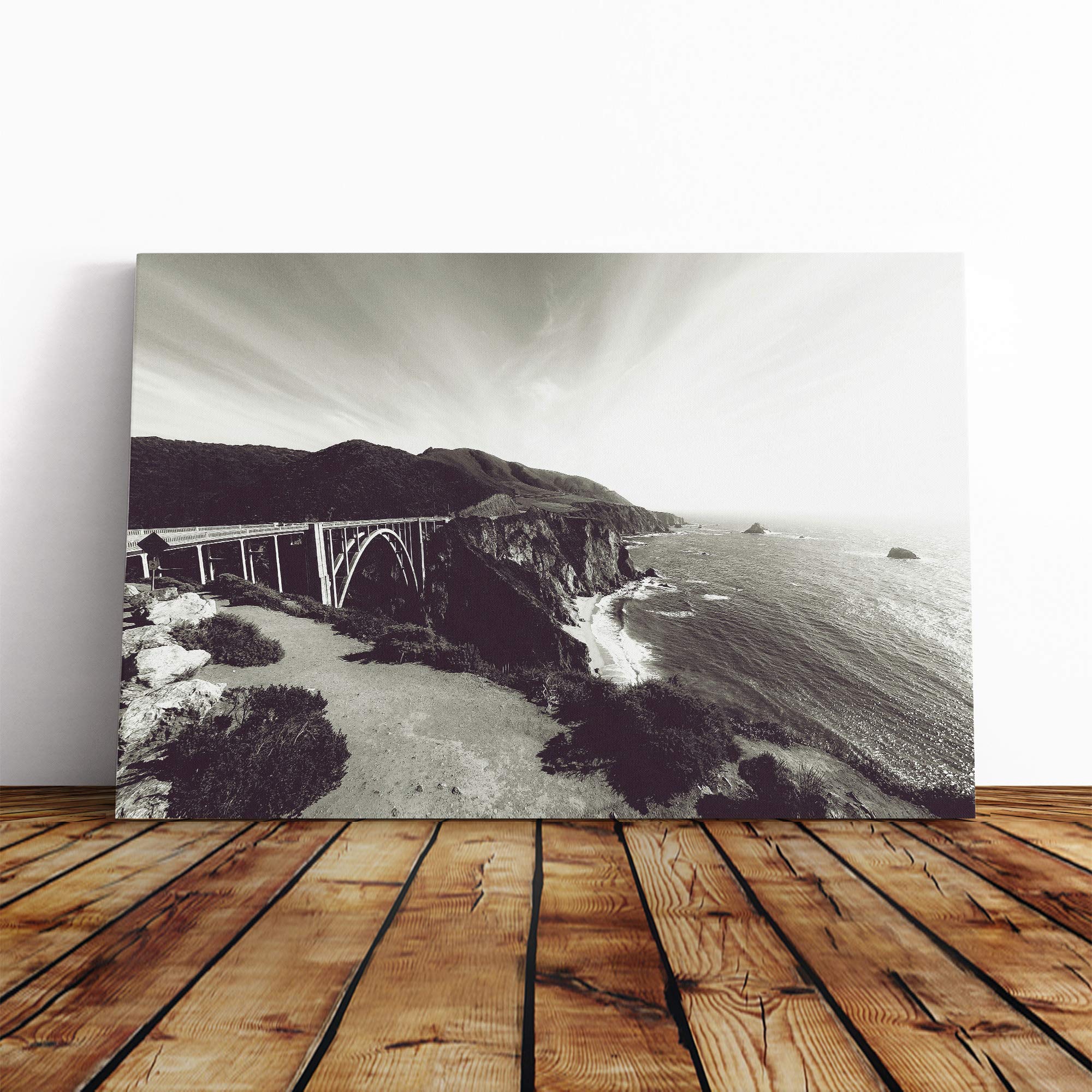 Seascape Bixby Creek Bridge Big Sur California Canvas Print | Gallery Wrapped 30mm Frame Wall Art | 24x16 inches | Ready to Hang | Modern Seascape Picture | Living Room Bedroom Lounge Office