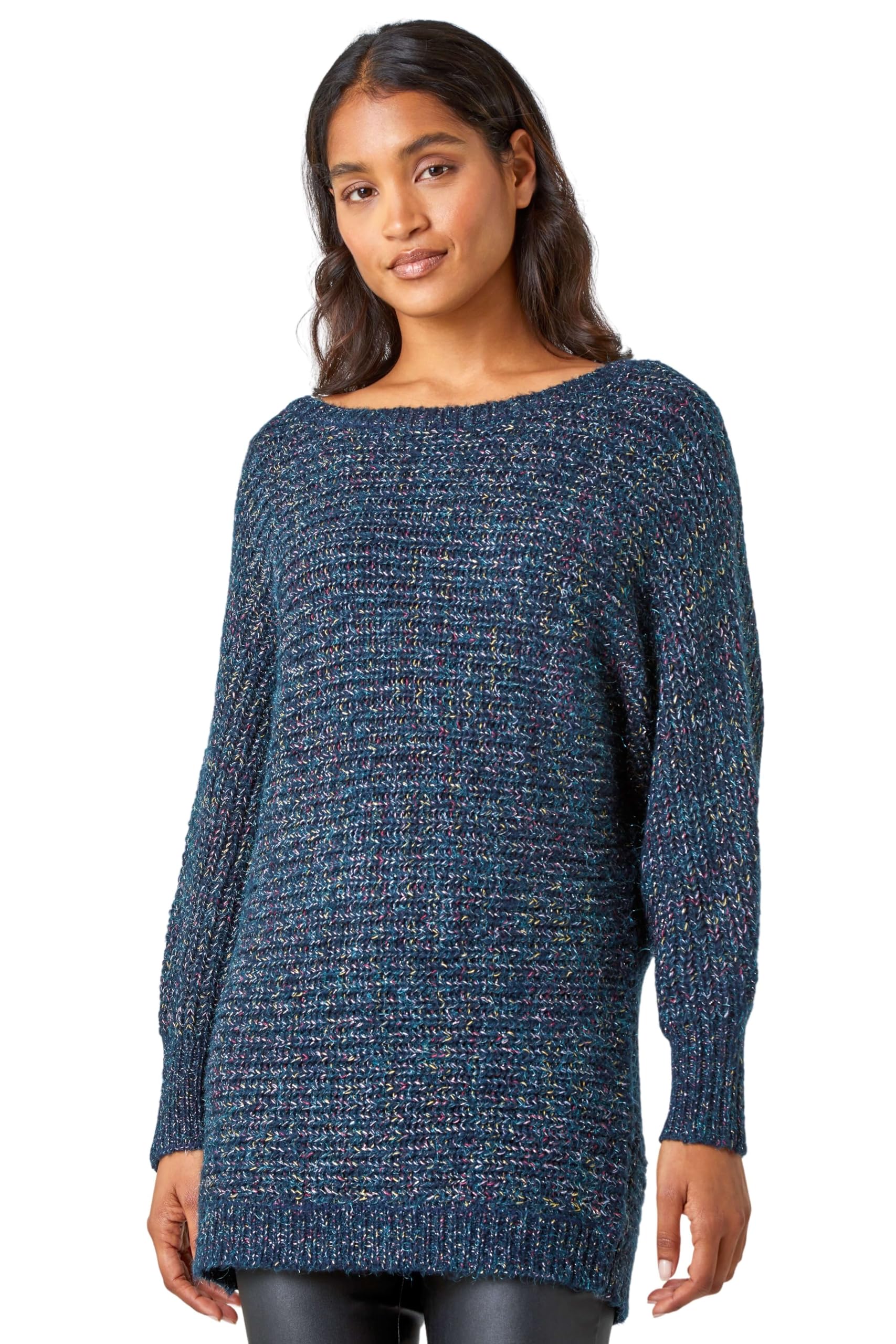 Roman OriginalsShimmer Thread Longline Jumper for Women UK - Ladies Everyday Autumn Winter Round Neckline Comfy Soft Evening Vacation Work Party Night Out