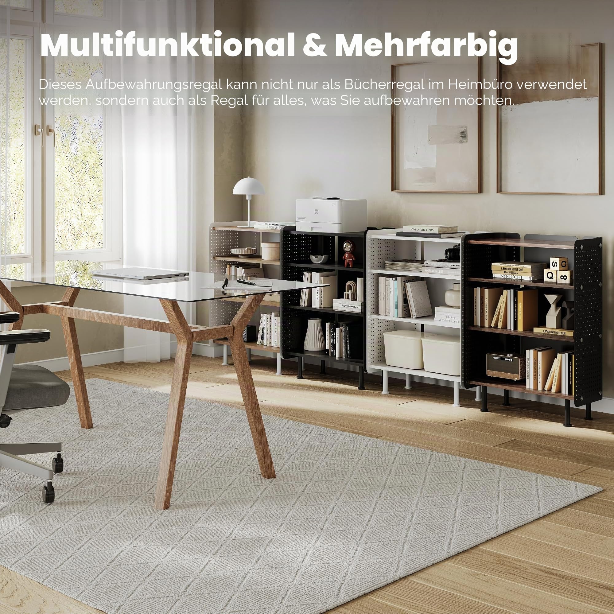 Fenge 4 Etagen Bücherregal Modern Lagerregal mit Pegboard Multifunktionales Lagerschränke mit Verstellbarem Regal für Wohnzimmer, Schlafzimmer, Heim, Büro (Weiß)