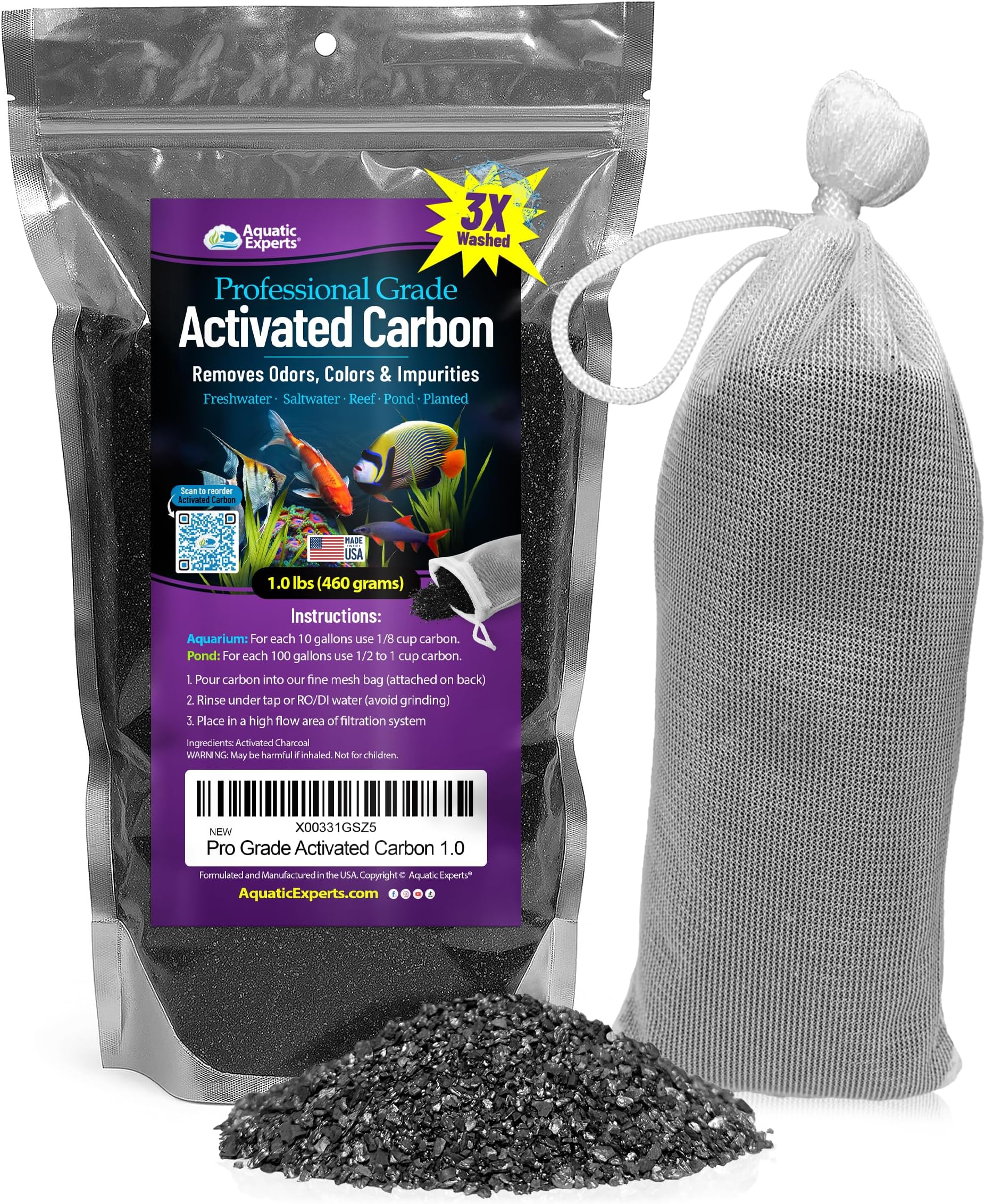 Premium Activated Carbon, Aquarium Carbon for Fish Tank Filter, Aquarium Filter Media, Granulated Charcoal for Fish Tanks, Activated Charcoal Bulk (1 lbs with Fine Mesh Bag)