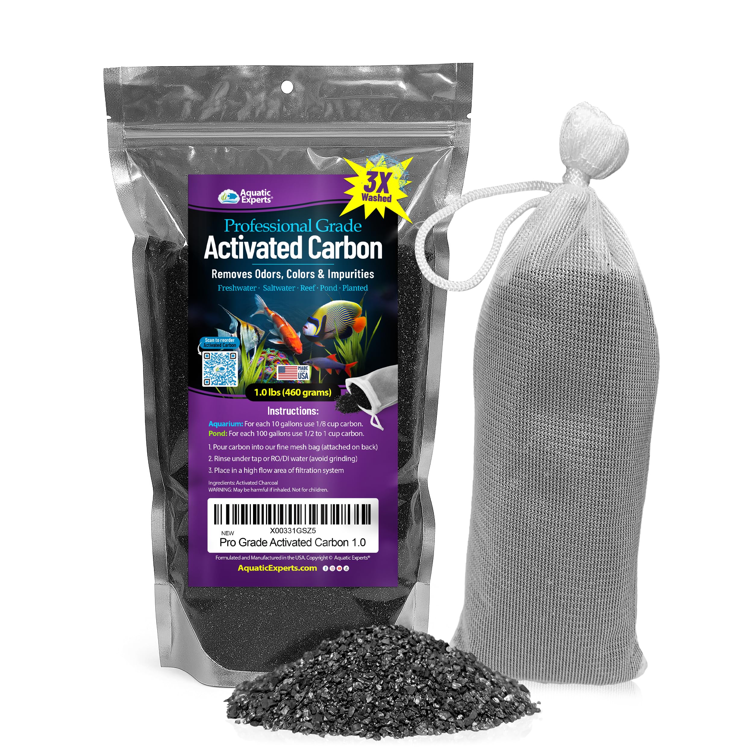 Premium Activated Carbon, Aquarium Carbon for Fish Tank Filter, Aquarium Filter Media, Granulated Charcoal for Fish Tanks, Activated Charcoal Bulk (1 lbs with Fine Mesh Bag)