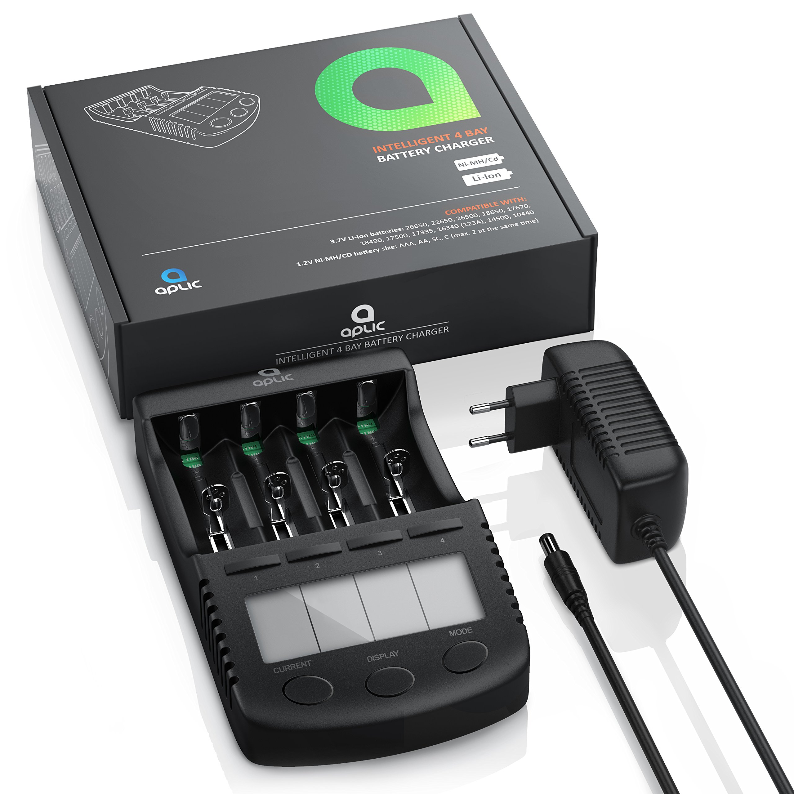 CSL - Power Akku Ladegerät - Universale Akku Ladestation für AA AAA 18650 Akkus - Intelligent Battery Charger - beleuchtetes LCD-Display Auto Light Off - inkl. 1x USB-Ladeport
