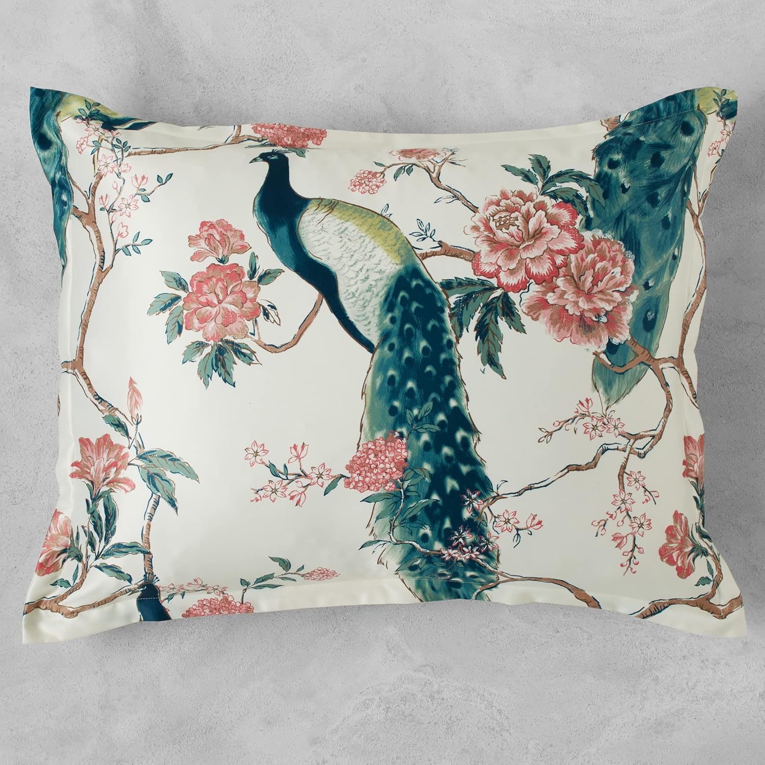 Z Gallerie Pavo King Sham Set (2-Piece) Peacock-Floral Satin Print Ivory