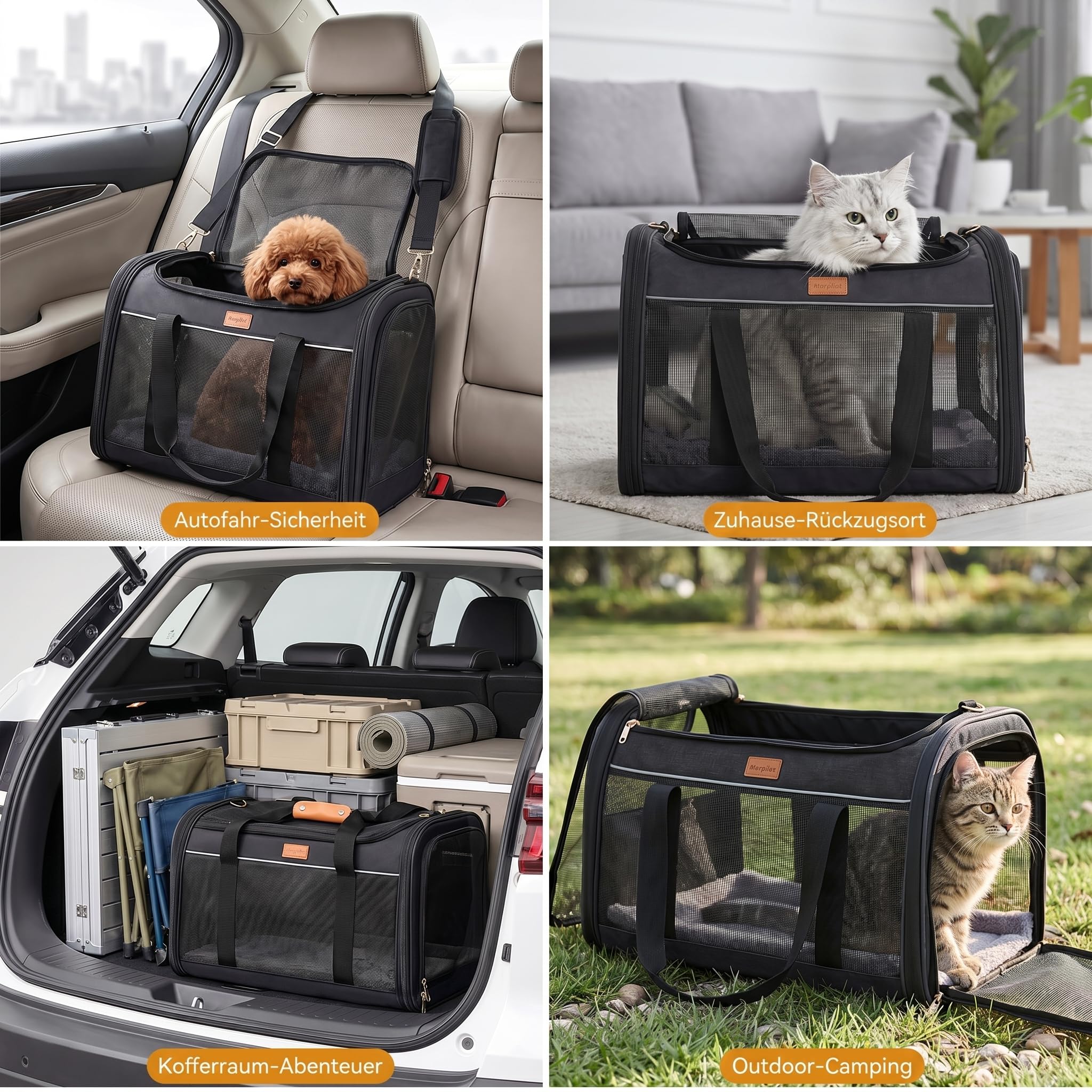 Morpilot Katzentransportbox für große Katzen & Welpen bis 12 kg, Transportbox Katze mit 4-seitigem Mesh, atmungsaktiv & komfortabel, Hundebox mit doppelseitiger weicher Unterlage und klappbarem Napf