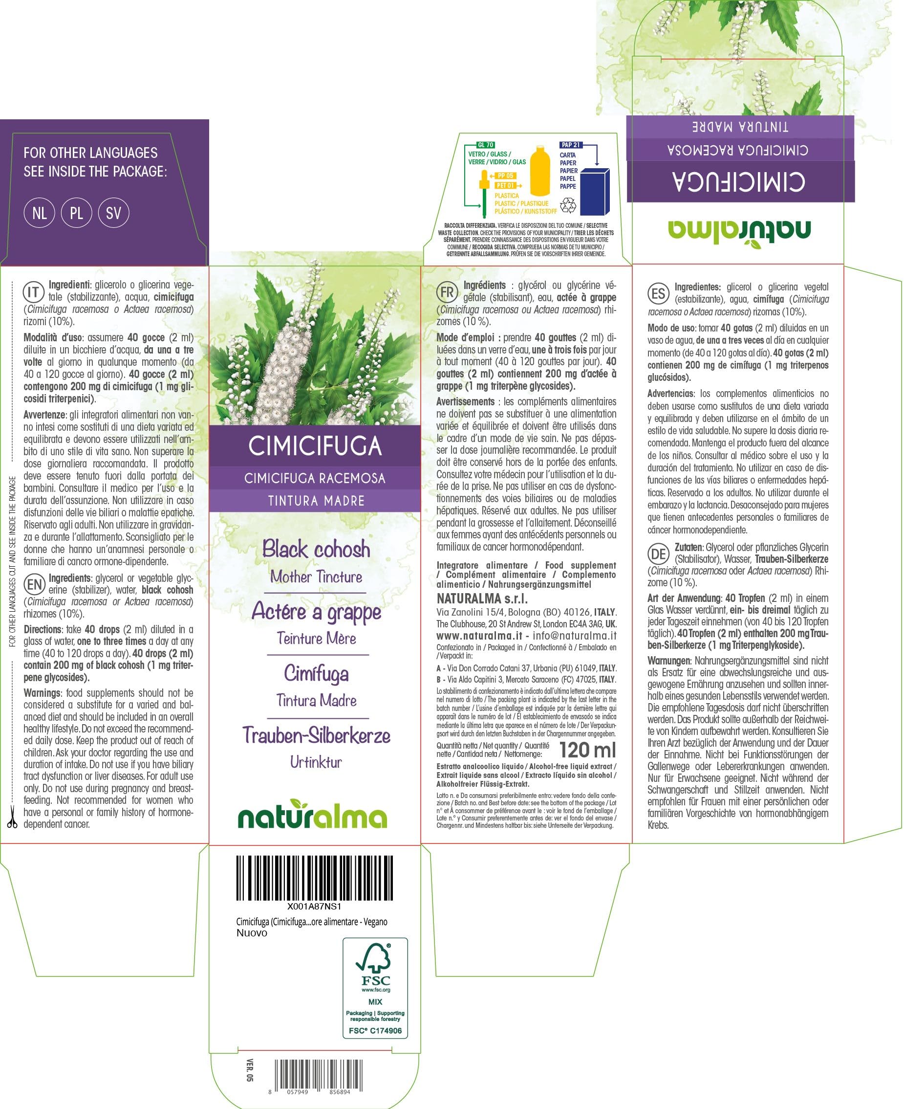 Cimicifuga (Cimicifuga racemosa o Actaea racemosa) rizomi Tintura Madre analcoolica Naturalma - Estratto liquido gocce 120 ml - Integratore alimentare - Vegano