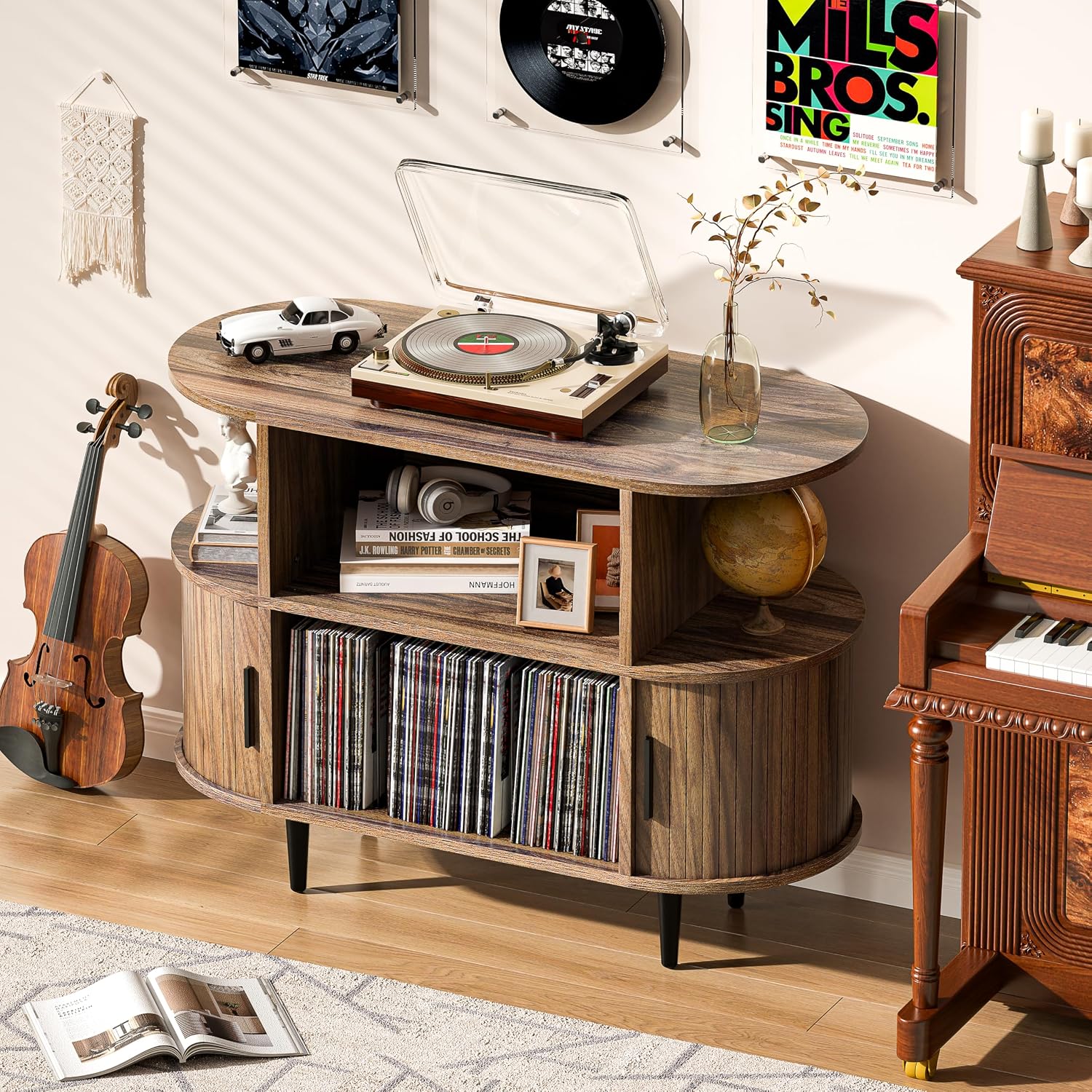 Large Record Player Stand with Storage and Shelves, Mid Century Modern Record Player Cabinet with Doors, Vinyl Record Player Table Holds 150+ Records for Living Room Bedroom, (Walnut)