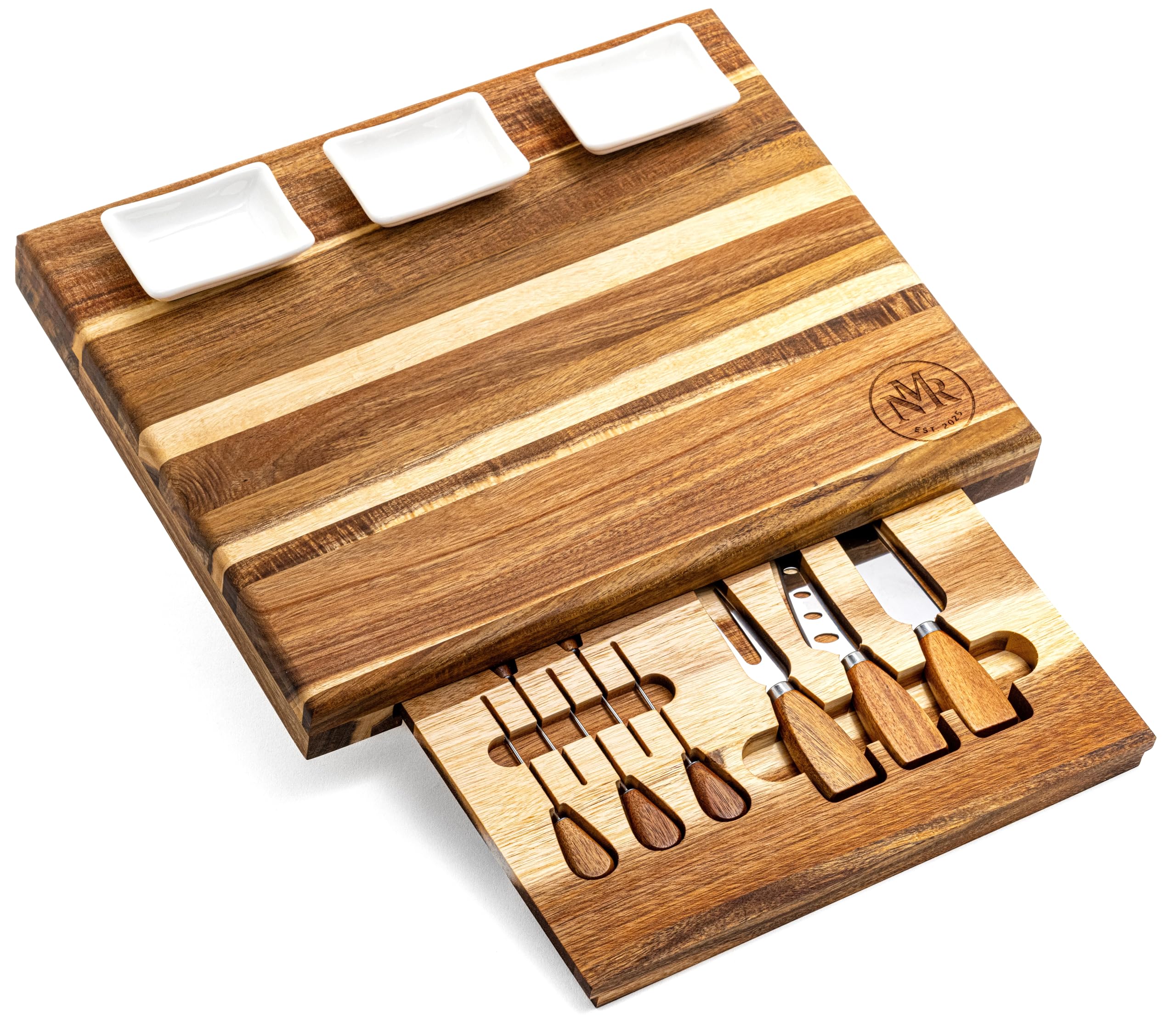 NMR Charcuterie Board Set – Acacia Wood Cheese Board w/Knife Set, Hidden Drawer & Bowls, Large Serving Board for Meat & Cheese, Gift for Housewarming, Weddings & Entertaining