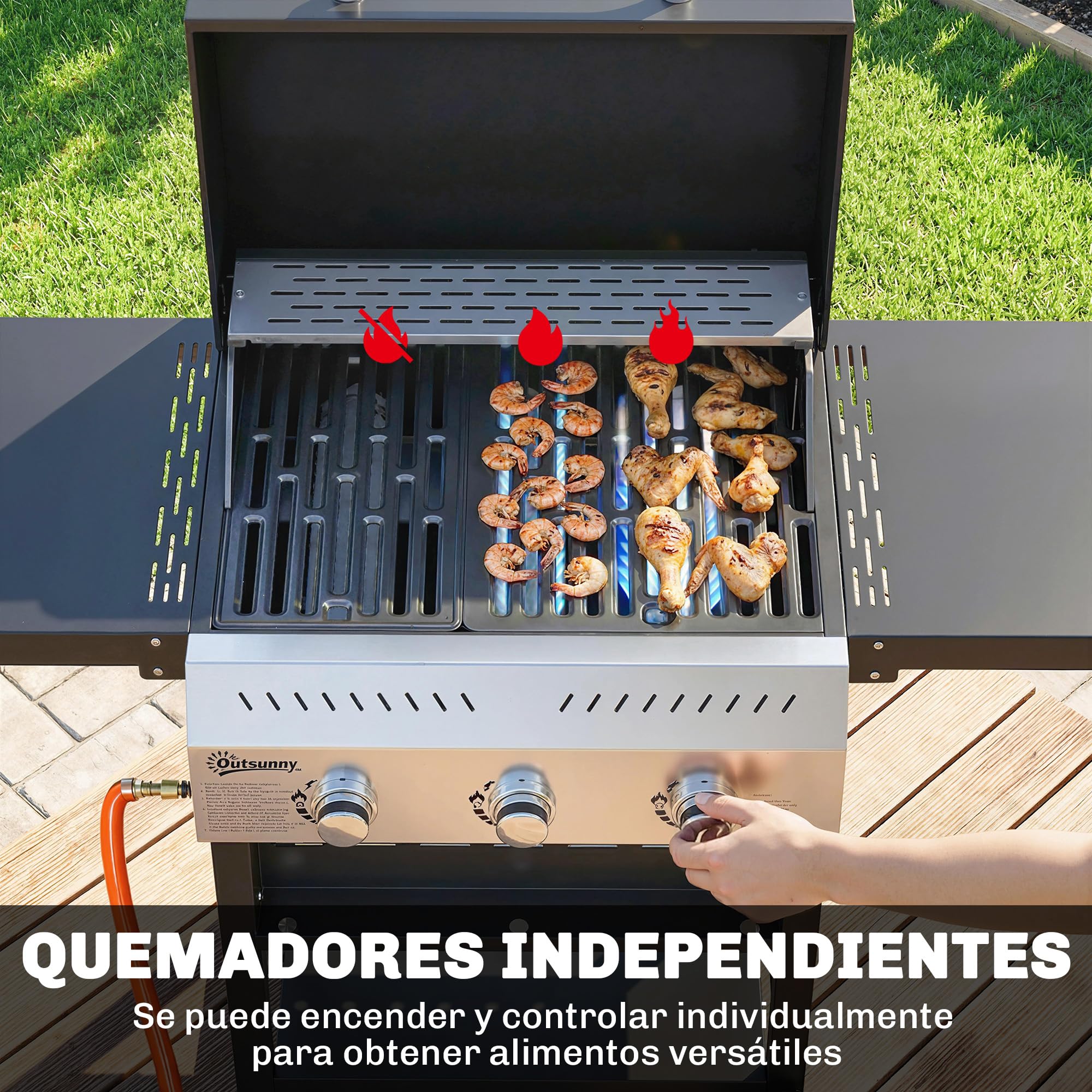 Outsunny Barbacoa de Gas BBQ Gas con 3 Quemadores 9 kW Barbacoa Portátil con Termómetro Mesas Laterales Plegables Estante Rejilla Calentadora Especiero Parrilla Recogedor Grasa 2 Ruedas Ganchos Negro